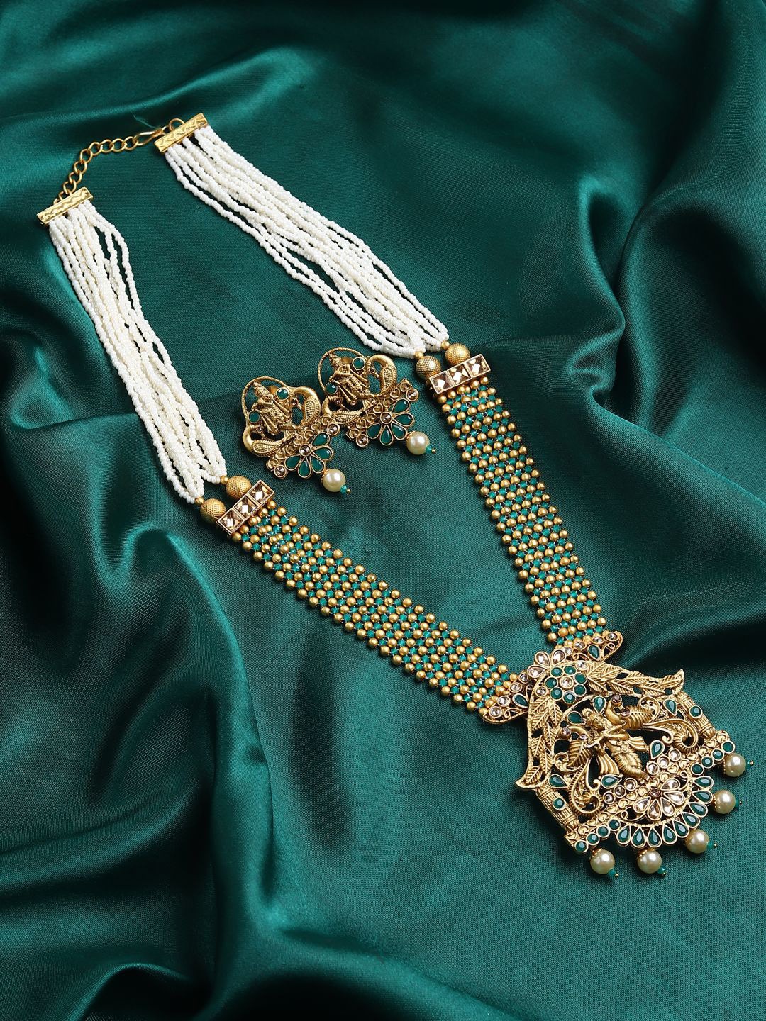 

RHOSYN Gold-Plated Stone-Studded & Beaded Temple Jewellery Set