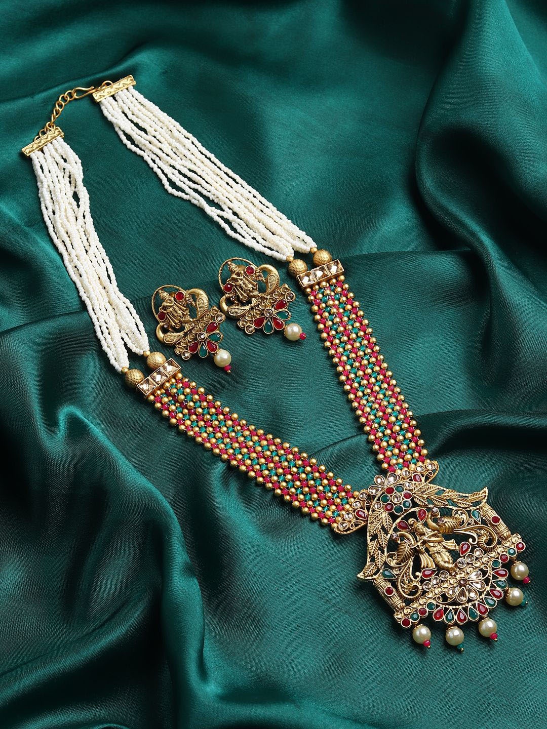 

RHOSYN Gold Plated Stone Studded & Beaded Temple Jewellery Set