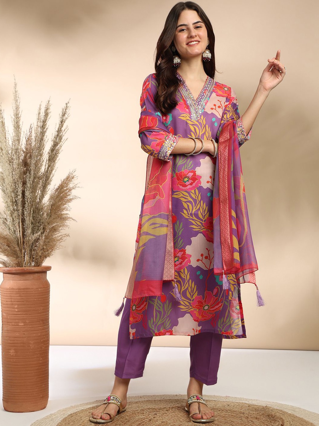 

MOKOSH Floral Printed Sequinned Straight Kurta With Trouser And Dupatta, Lavender