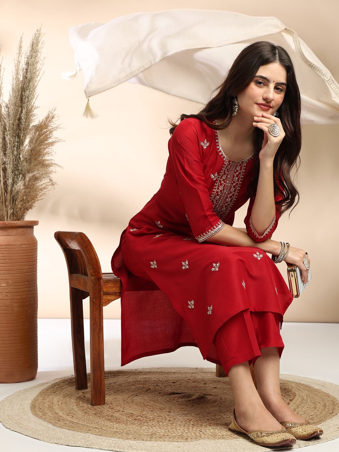 

MOKOSH Zari Embroidered Straight Kurta With Trouser And Dupatta, Red