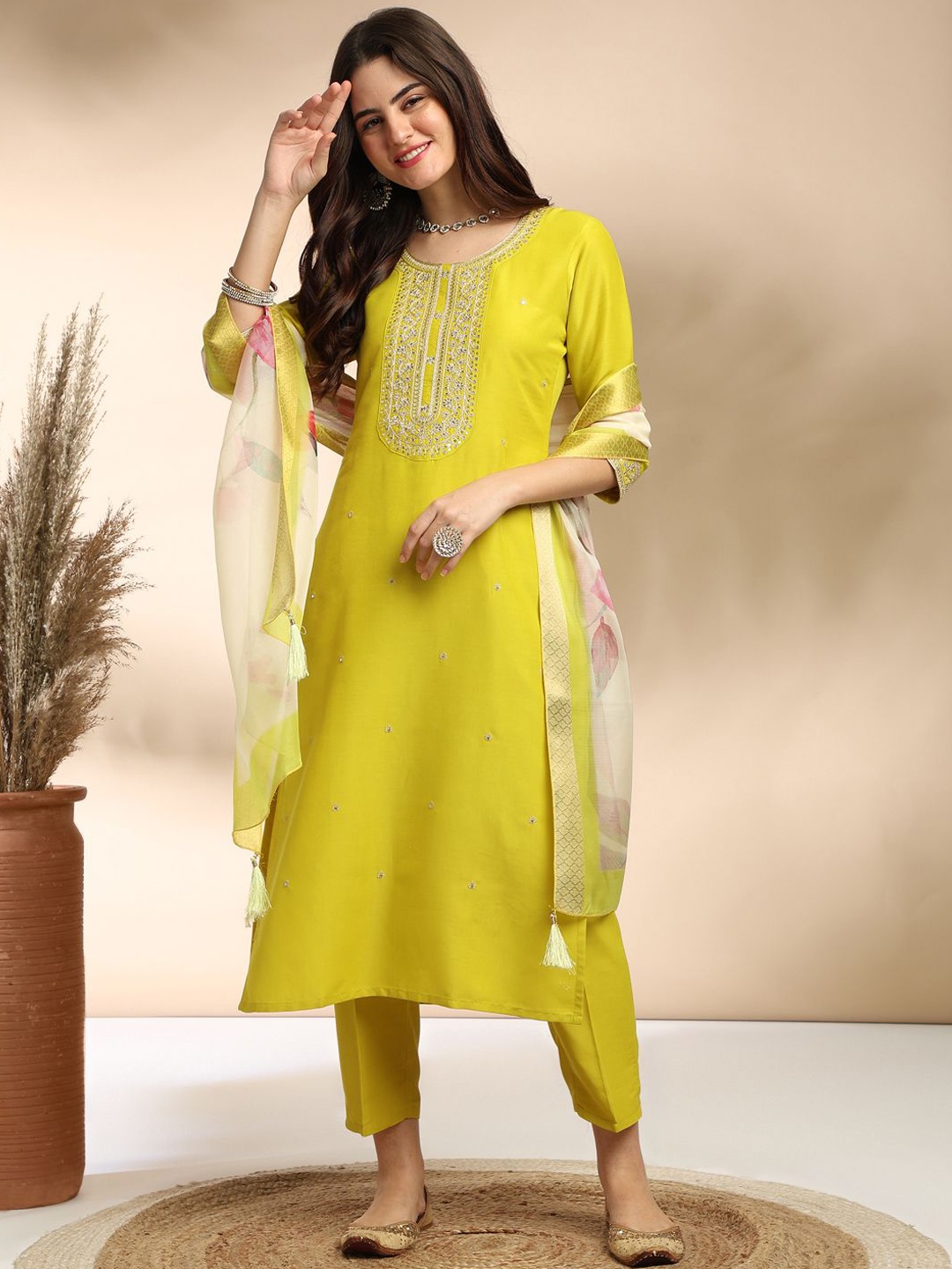 

MOKOSH Zari Embroidered Straight Kurta With Trouser And Dupatta, Lime green