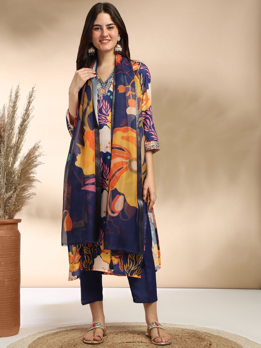 

MOKOSH Floral Printed Sequinned Straight Kurta With Trouser And Dupatta, Navy blue