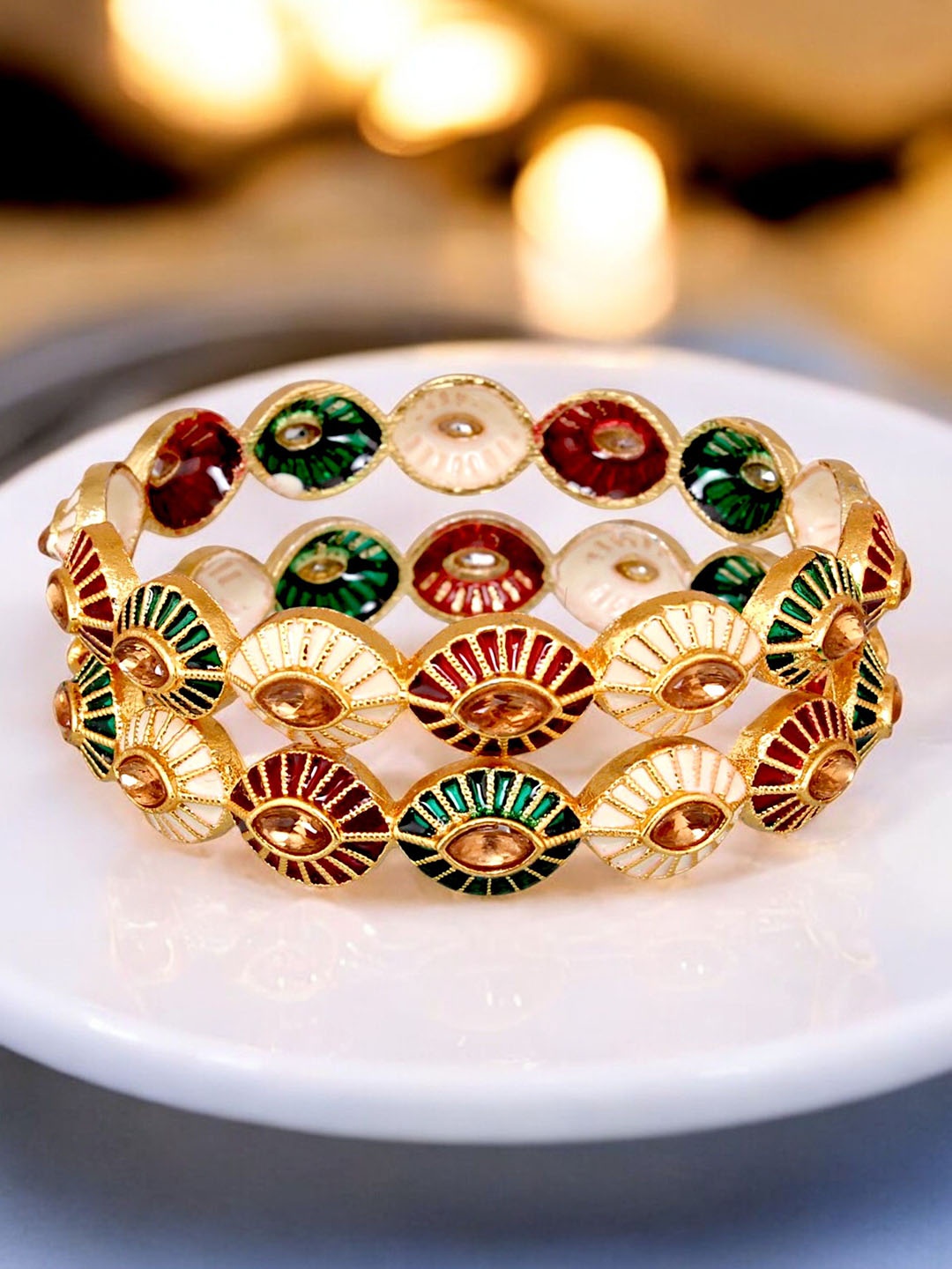 

LUCKY JEWELLERY Set Of 2 18K One Gram Gold-Plated Stone Studded Traditional Bangles