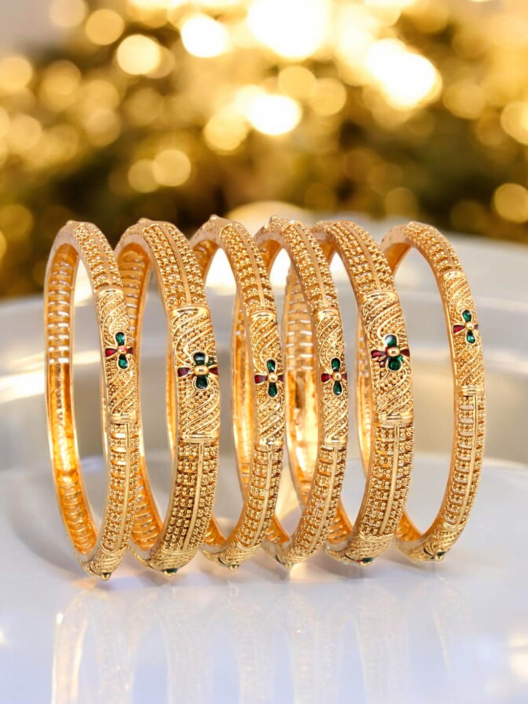 

LUCKY JEWELLERY Set Of 6 18K One Gram Gold-Plated Stone Studded Bangles