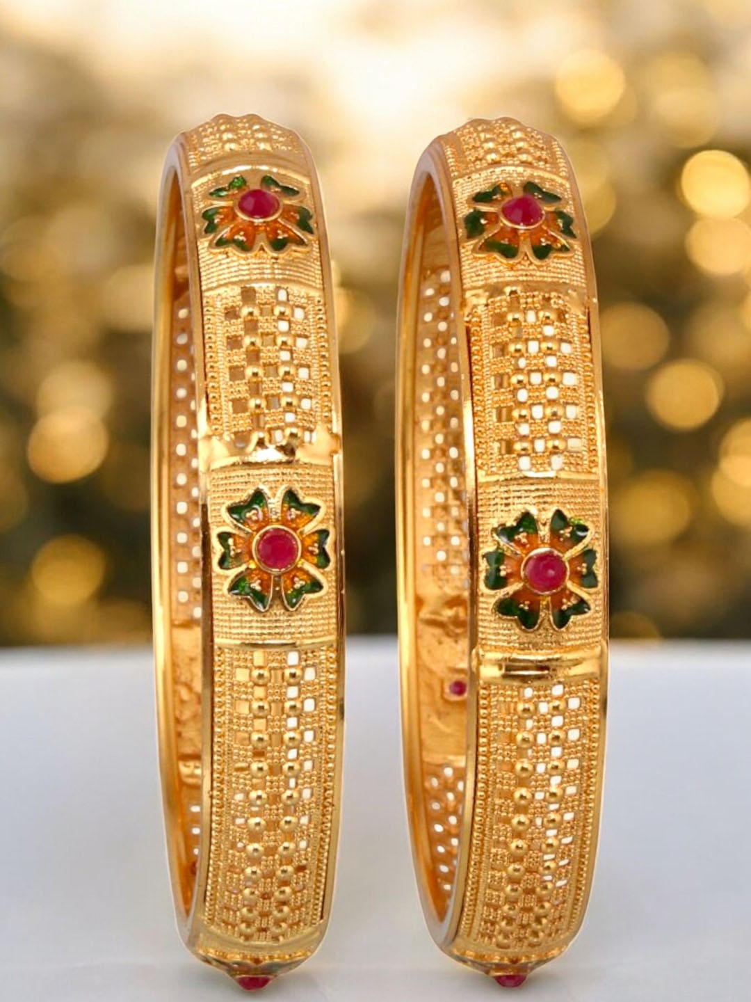 

LUCKY JEWELLERY Set Of 2 18k One Gram Gold-Plated Stone Studded Bangles