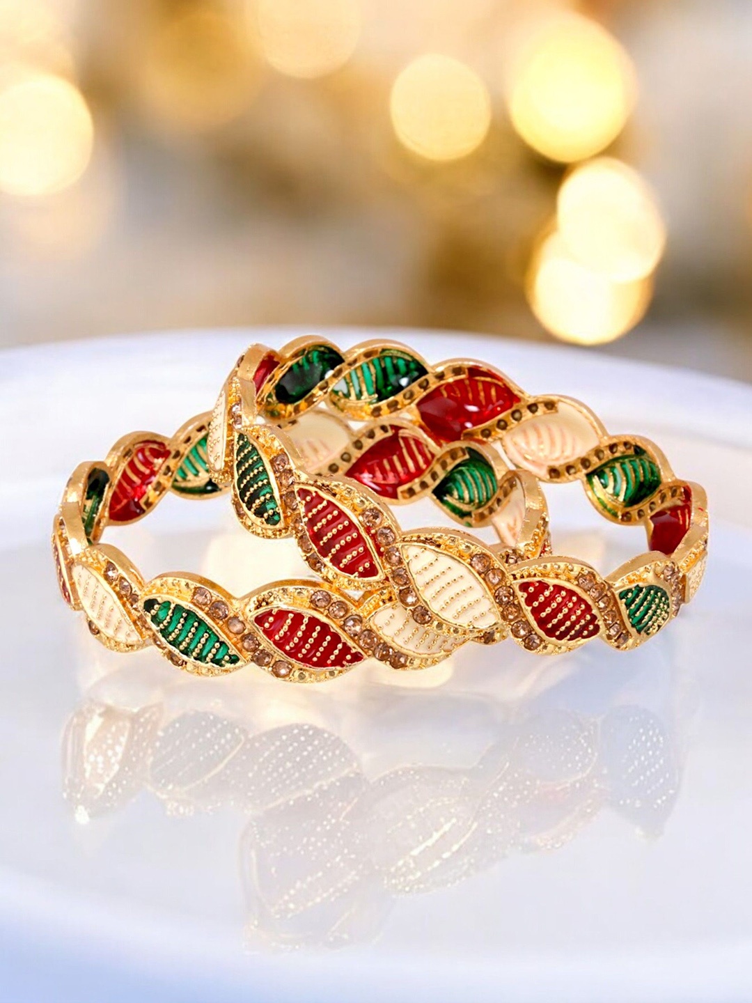 

LUCKY JEWELLER Set Of 2 18k 1 Gram Gold Plated Stone-Studded Bangles