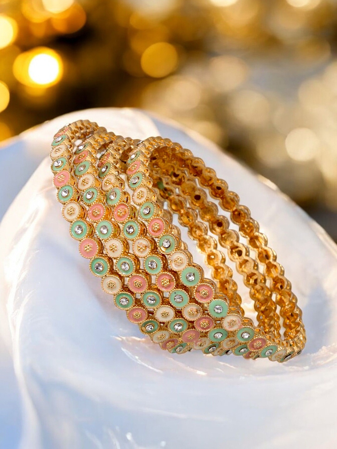 

LUCKY JEWELLERY Set Of 4 18k Gold Plated Stone Studded Bangles