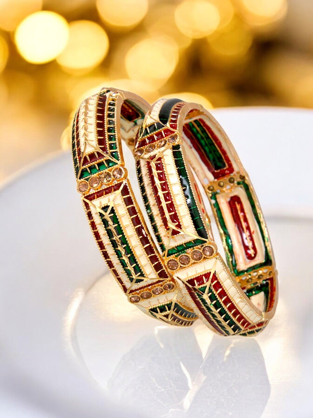 

LUCKY JEWELLER Set Of 2 18K One Gram Gold Plated Stone-Studded Bangles