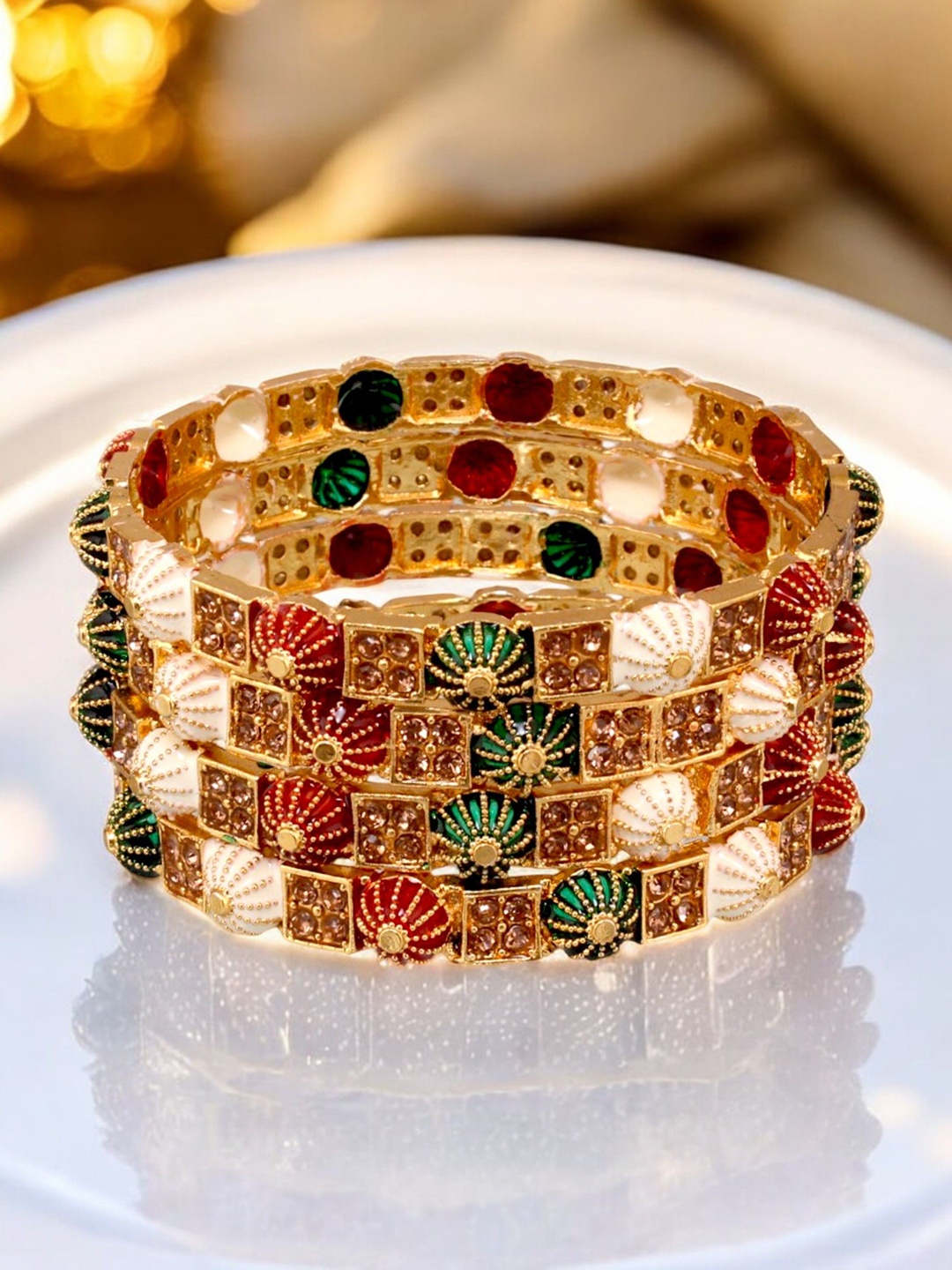 

LUCKY JEWELLERY Set Of 4 18k One Gram Gold Plated Stone Studded Bangles