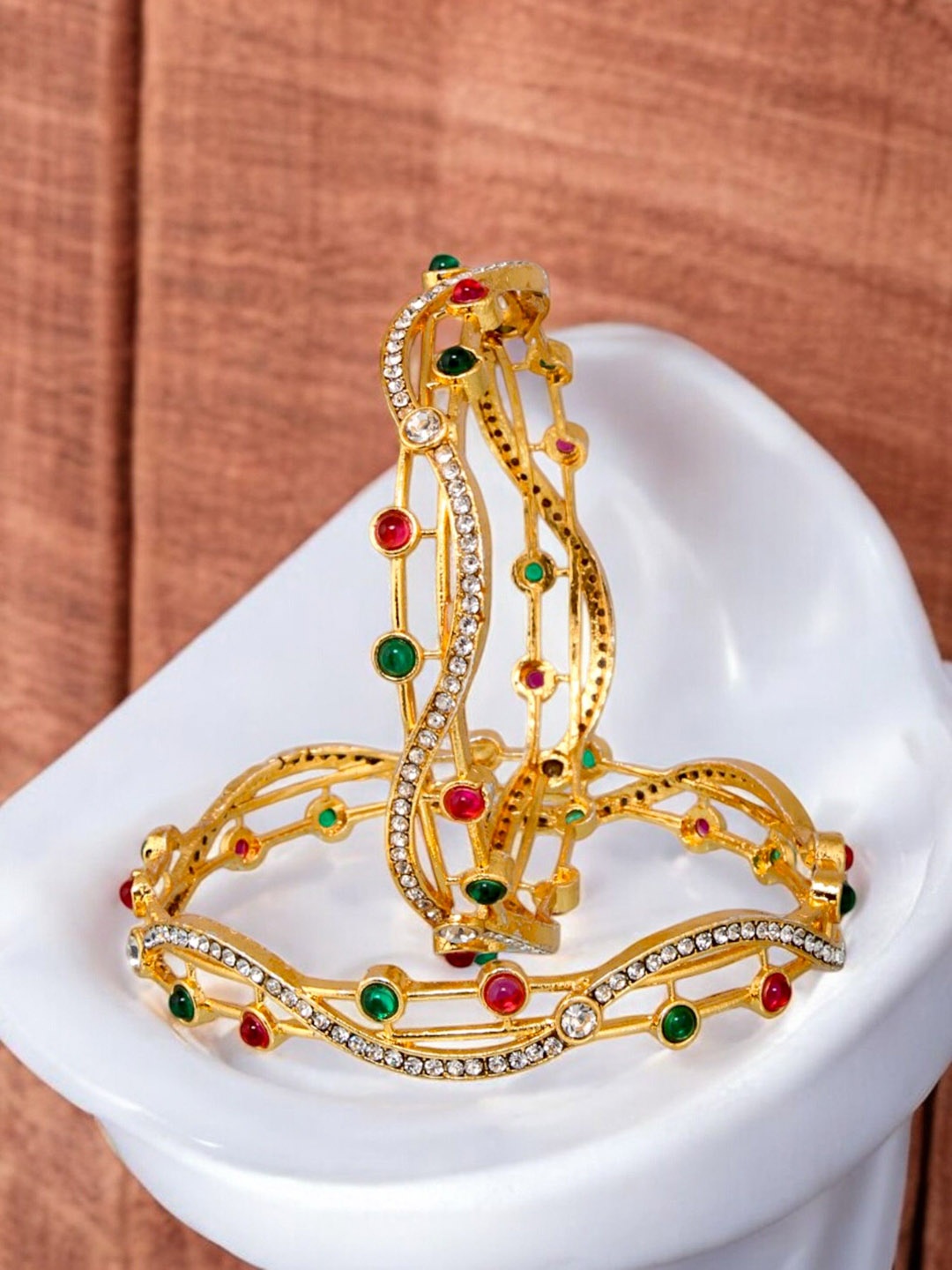 

LUCKY JEWELLERY Set Of 2 18KT 18k One Gram Gold Plated CZ Stone Studded Bangles