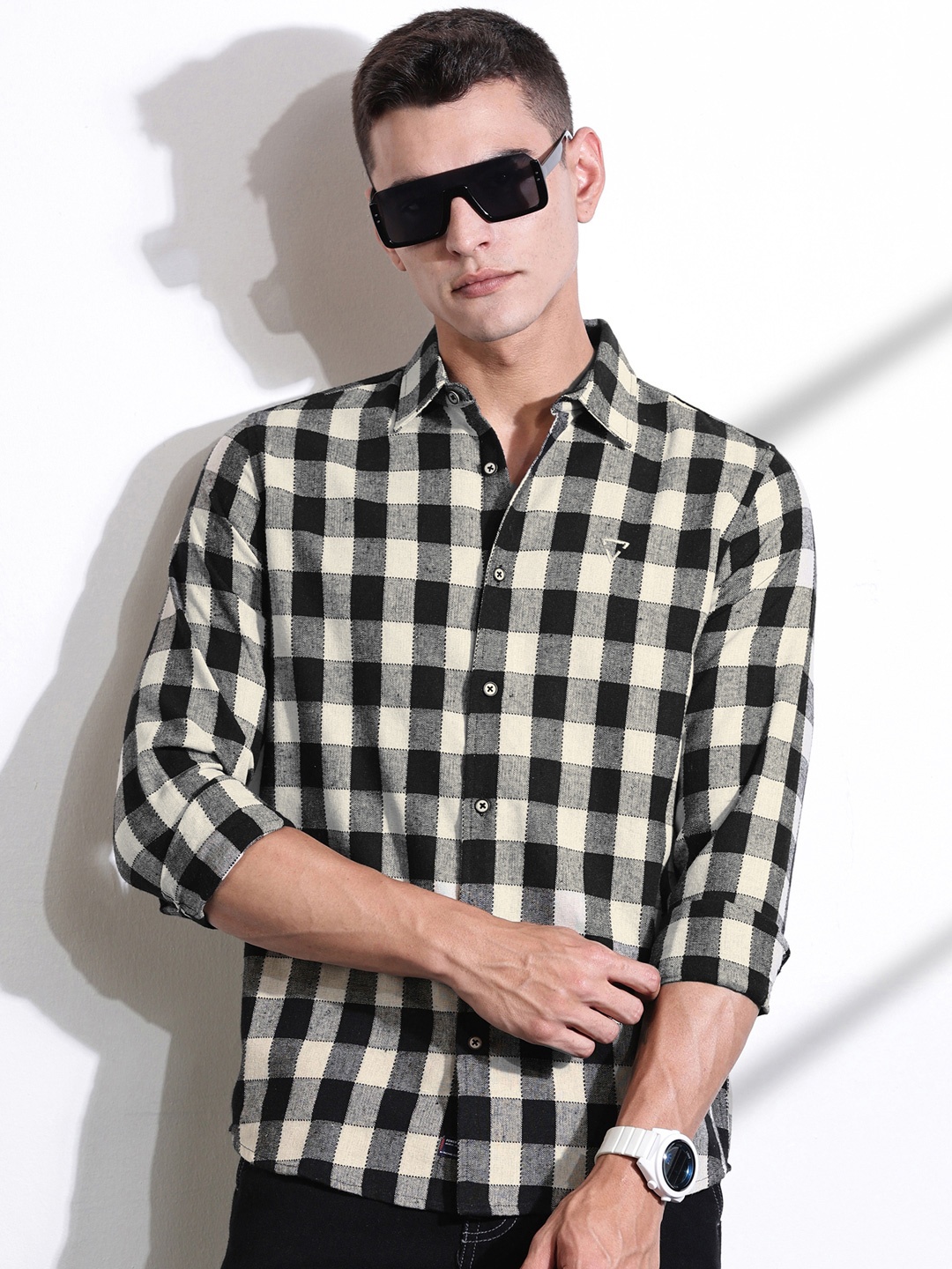 

Thomas Scott Men Classic Slim Fit Spread Collar Windowpane Checked Cotton Casual Shirt, Black