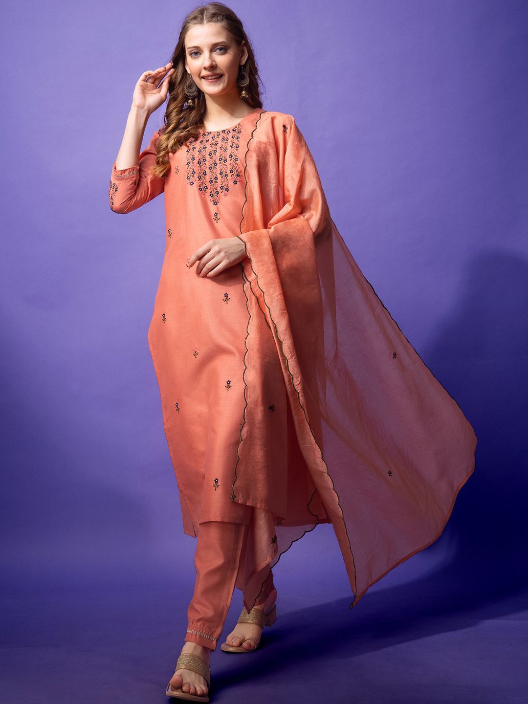 

ARADHNA Floral Thread Work Round-Neck Kurta With Trouser & Dupatta, Orange