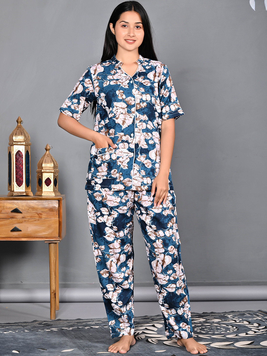 

Dreambe Women Printed Pure Cotton Night suit, Blue