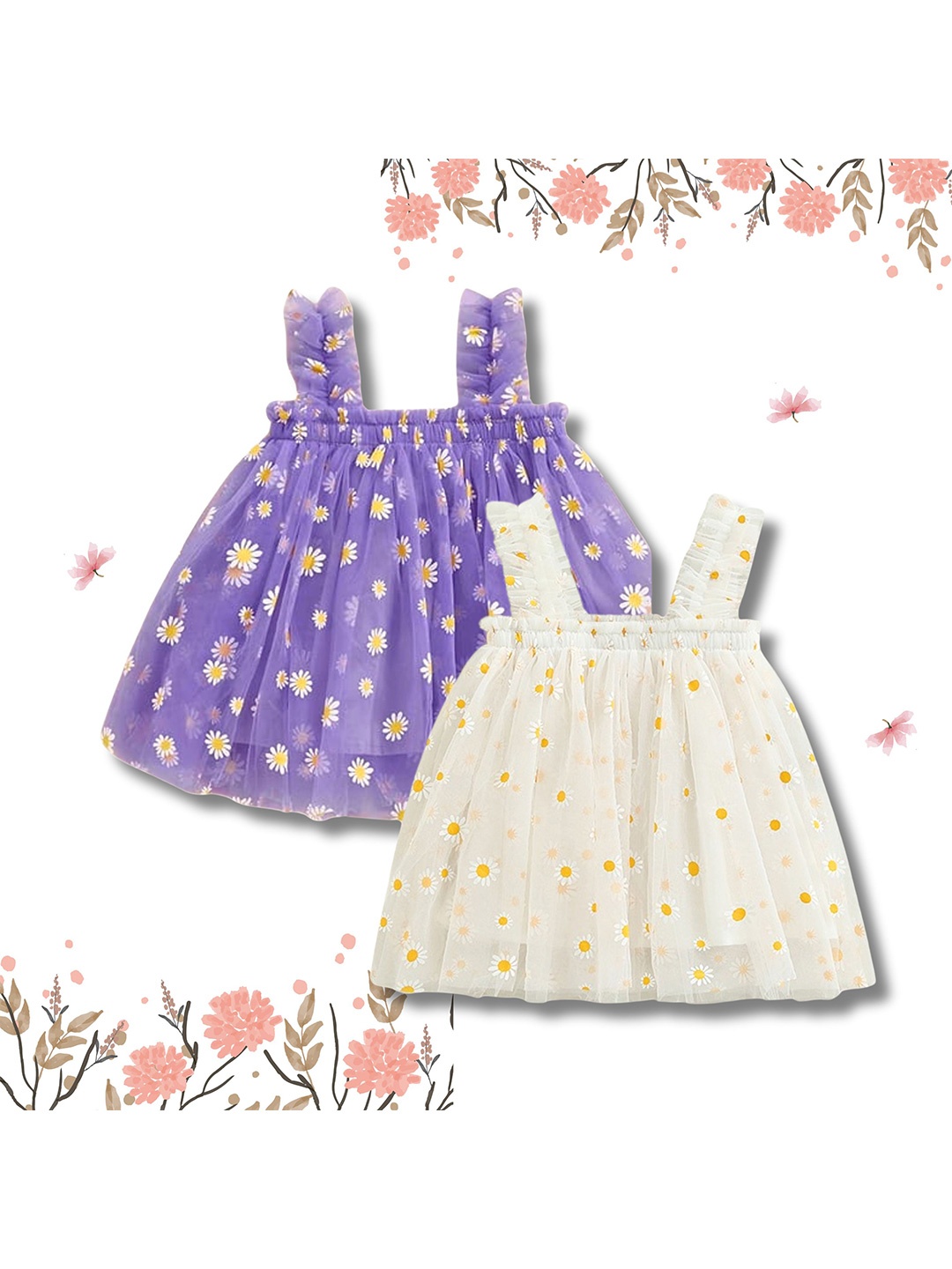 

TotzTouch Infants Girls Pack Of 2 Floral Printed A-Line Knee Length Dress, Blue
