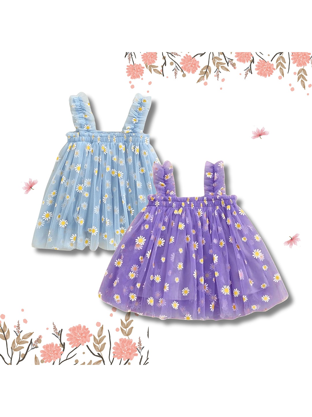

TotzTouch Infants Girls Pack Of 2 Floral Printed Net A-Line Dress, Purple