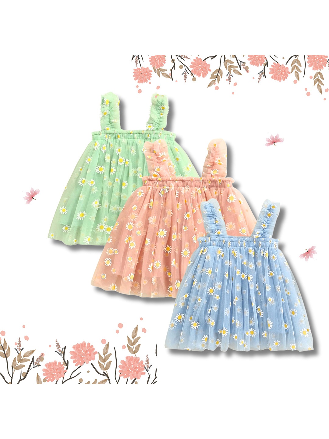 

TotzTouch Infants Girls Pack of 3 Floral Printed Shoulder Straps Net A-Line Dress, Blue