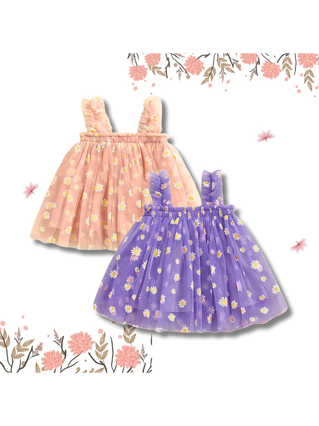 

TotzTouch Infants Girls Pack of 2 Floral Print Ruffled Net A-Line Dress, Multi