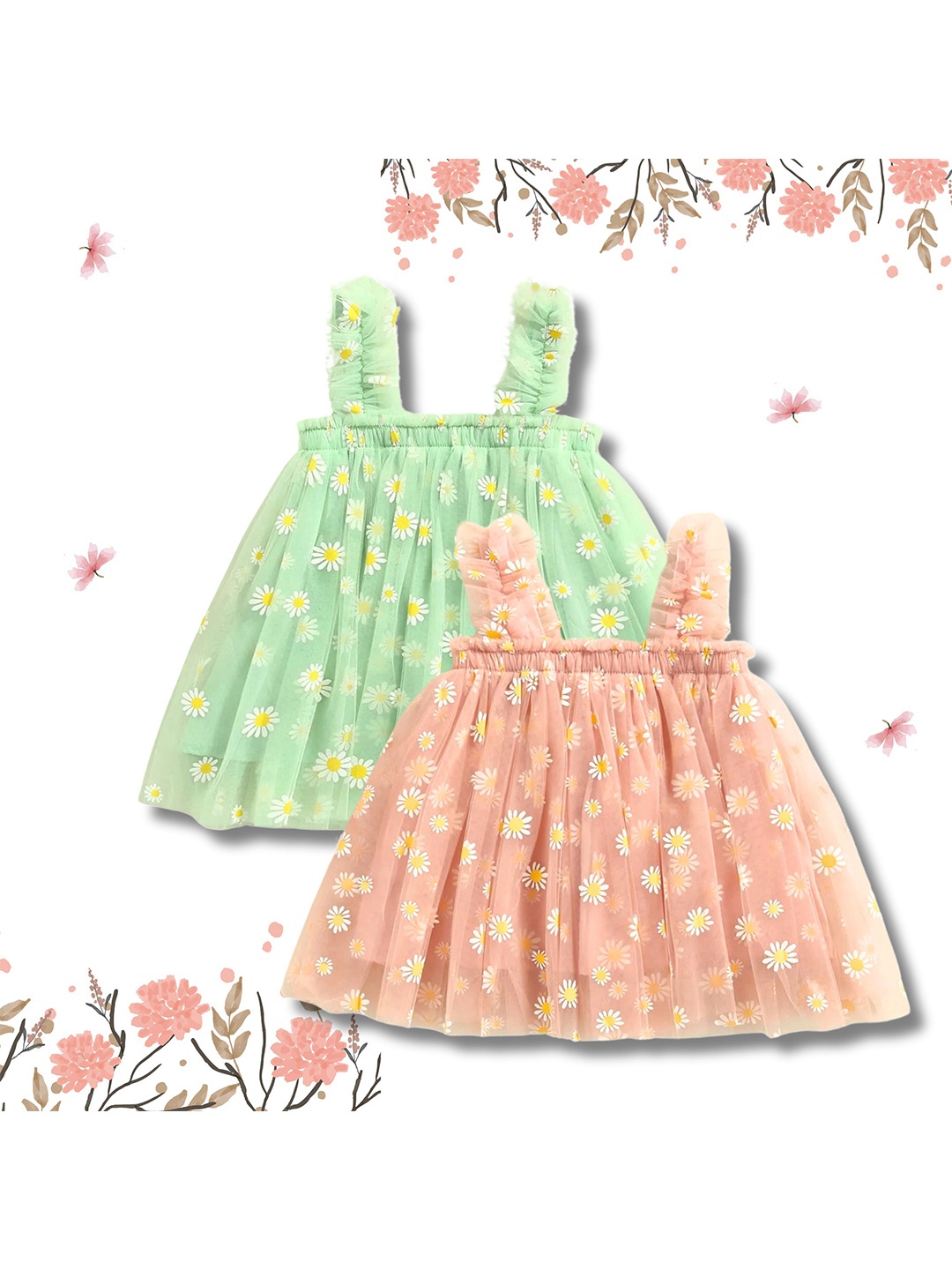 

TotzTouch Infants Girls Infants Girls Pack of 2 Floral Printed A-Line Dress, Orange