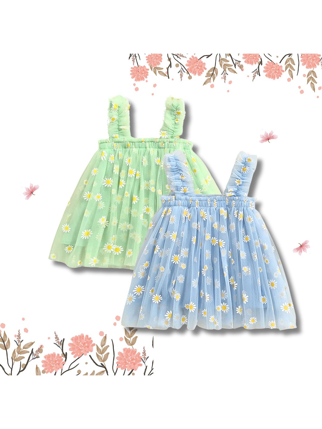 

TotzTouch Infants Girls Set of 2 Floral Printed Ruffled Net A-Line Dress, Green