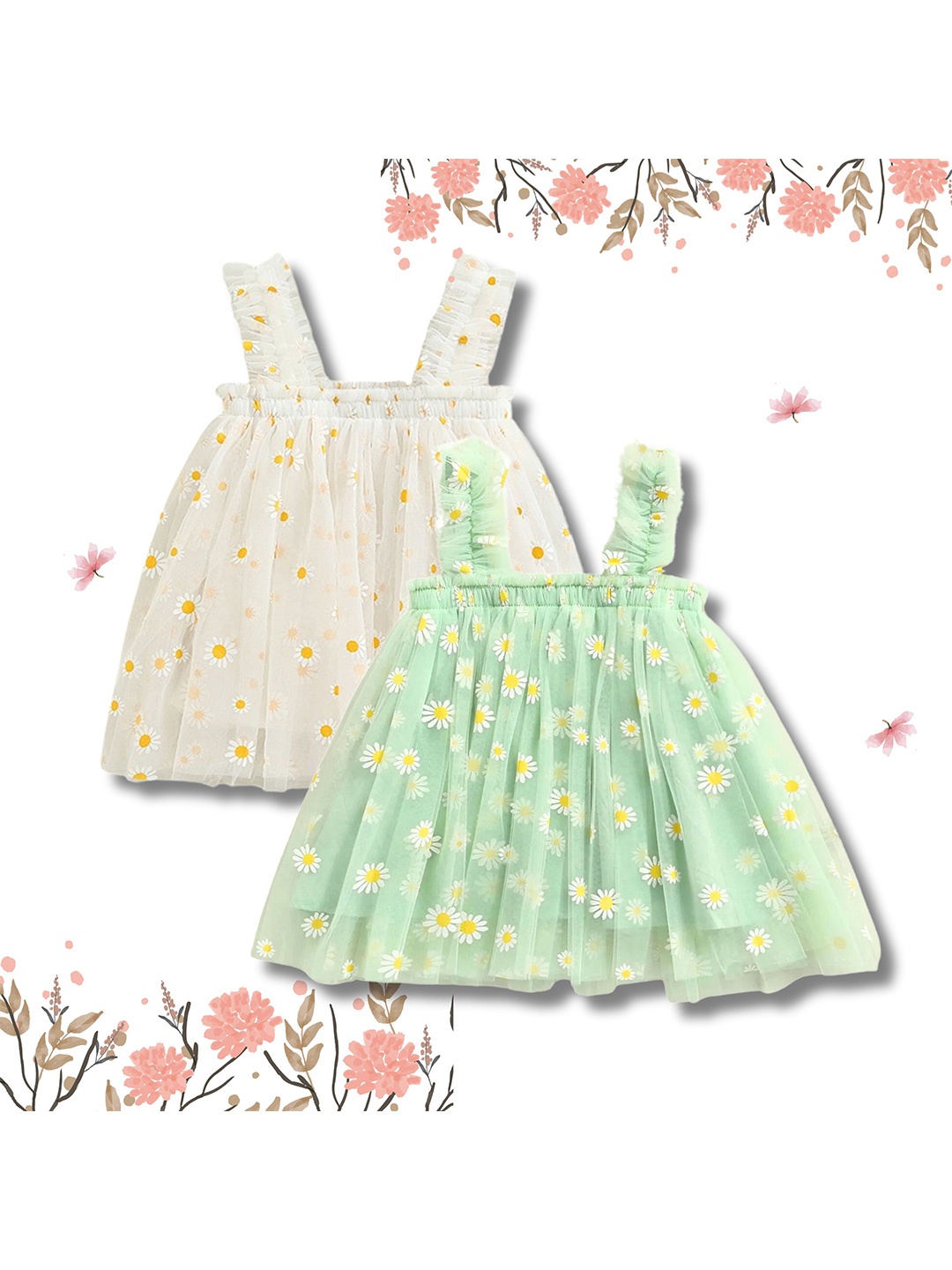

TotzTouch Girls Pack of 2 Floral Print Ruffled Net Empire Dress, White