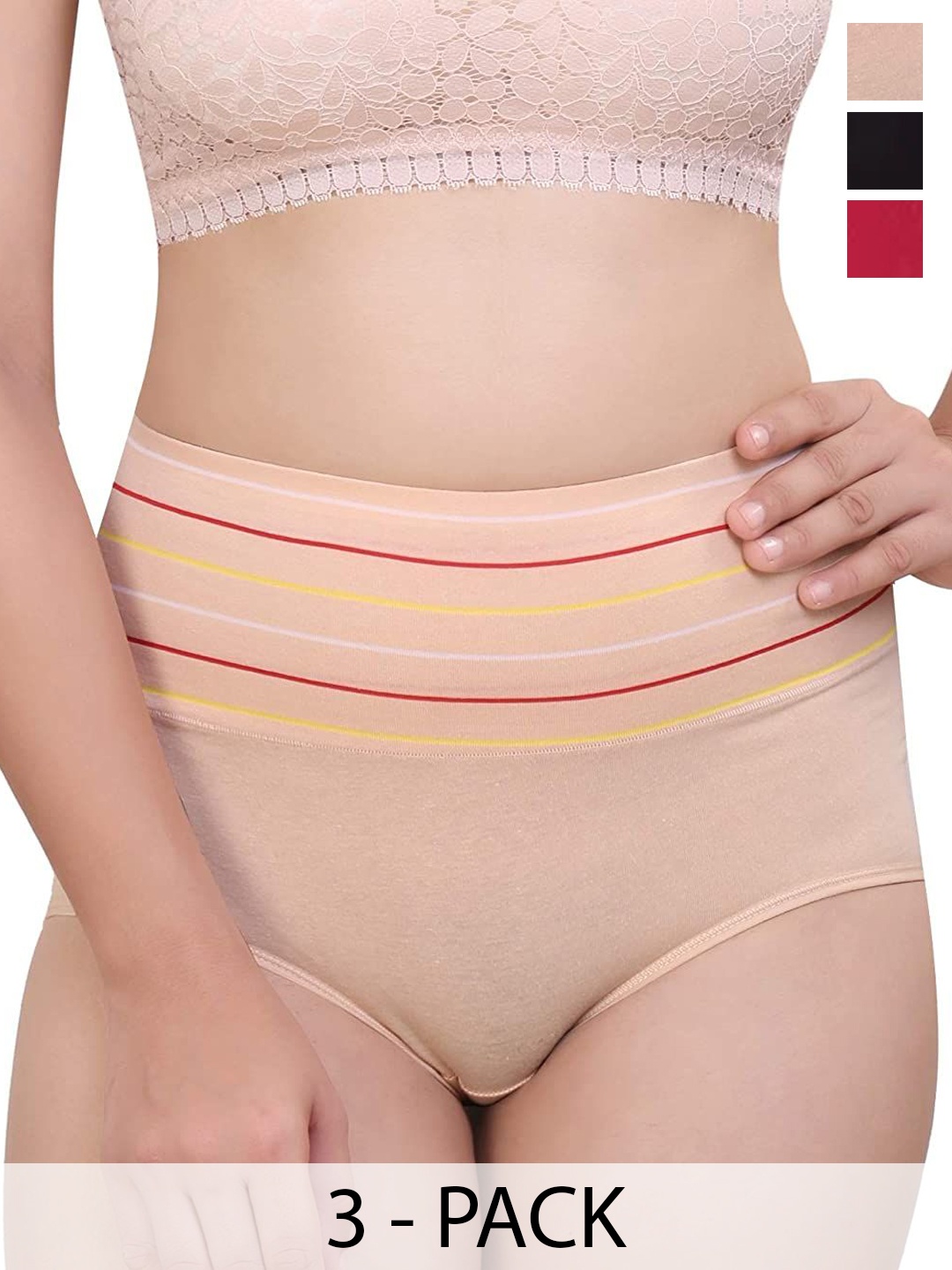 

SHREE GANESH FASHION Women Pack Of 3 Striped Cotton Hipster Briefs, Black