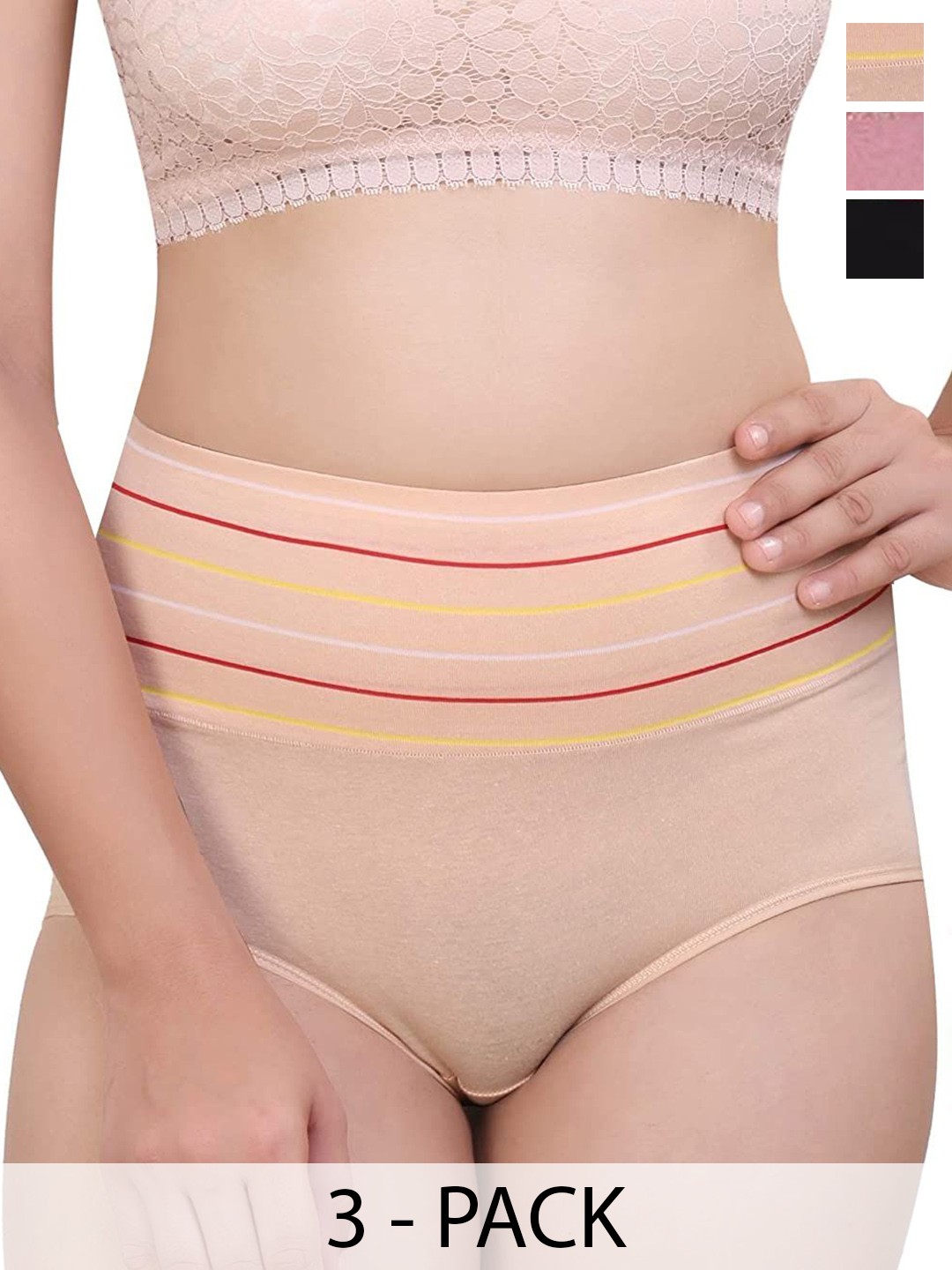 

SHREE GANESH FASHION Women Pack Of 3 Cotton High Rise Hipster Briefs, Black