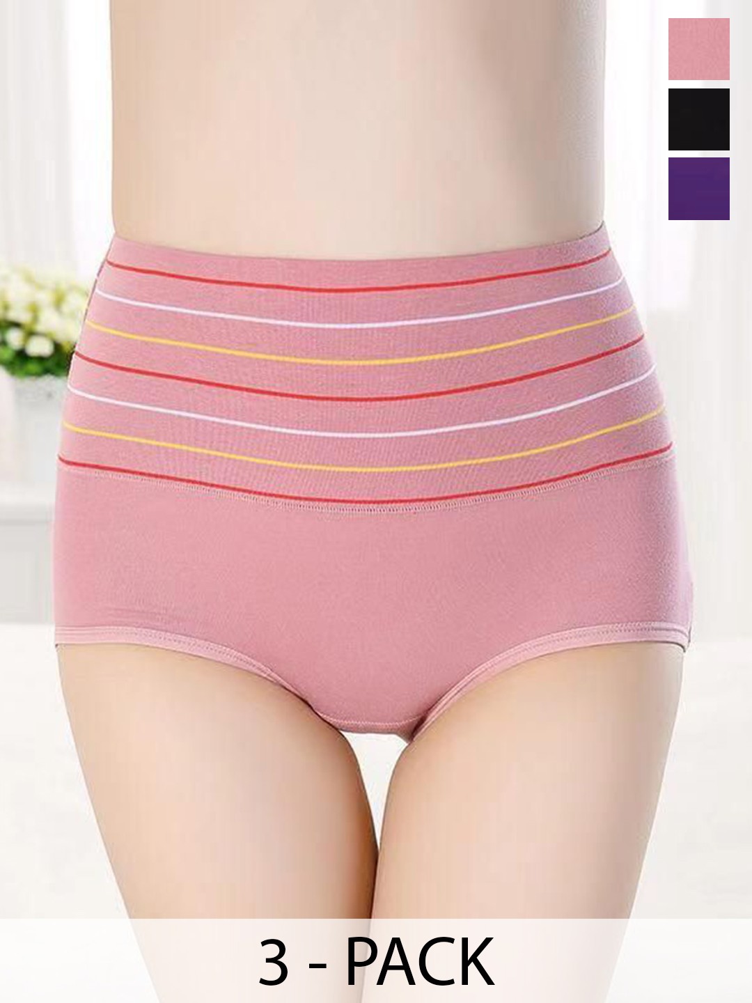

SHREE GANESH FASHION Women Pack Of 3 Striped Cotton Hipster Briefs 2076 PO3 BLPR, Black