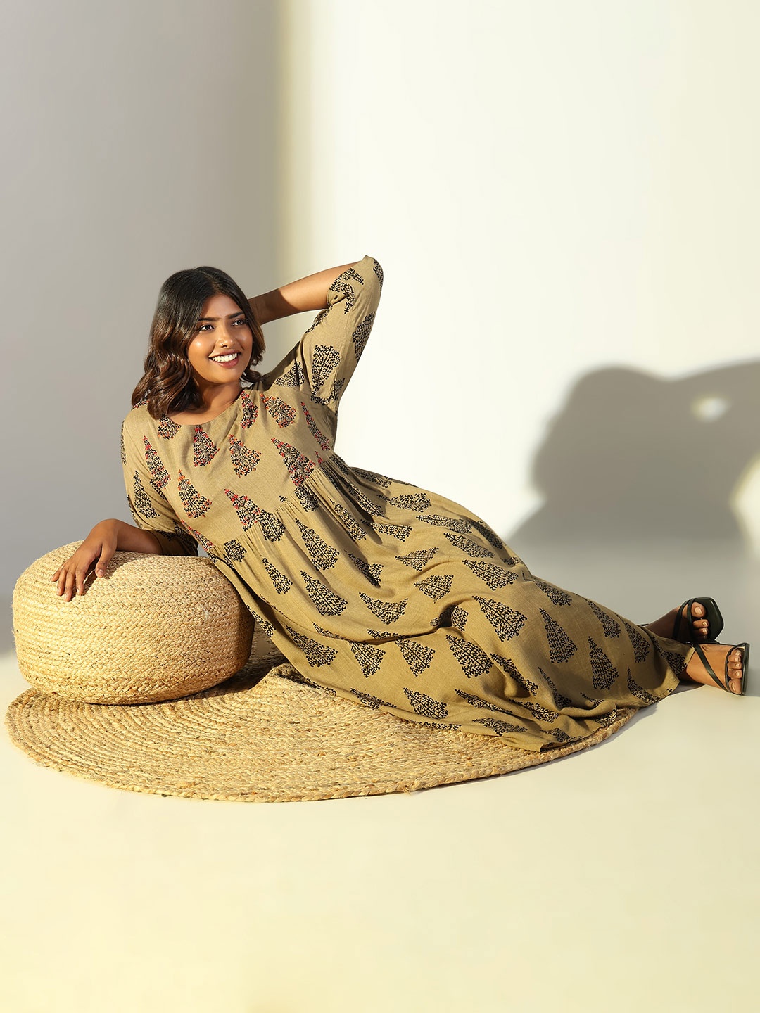 

SHOWOFF Floral Printed Pleated Thread Work Anakali Kurtas, Beige