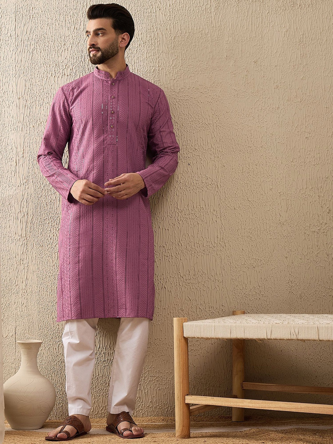 

House of Pataudi Embroidered Sequinned Mandarin Collar Straight Kurta, Mauve