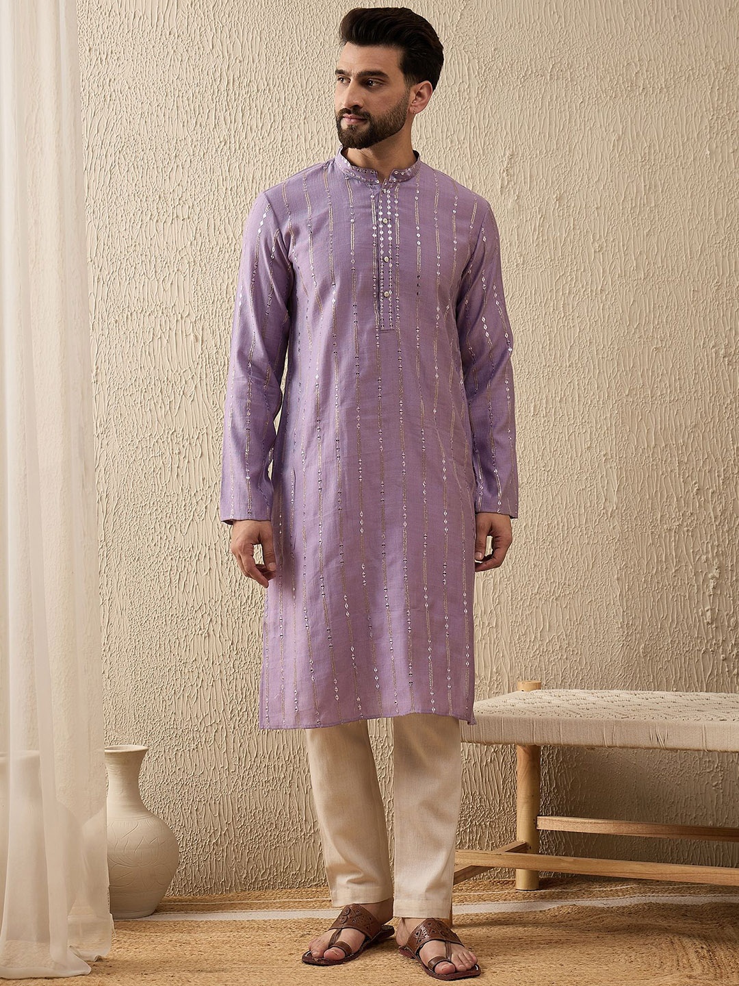 

House of Pataudi Embroidered Sequinned Mandarin Collar Straight Kurta, Purple