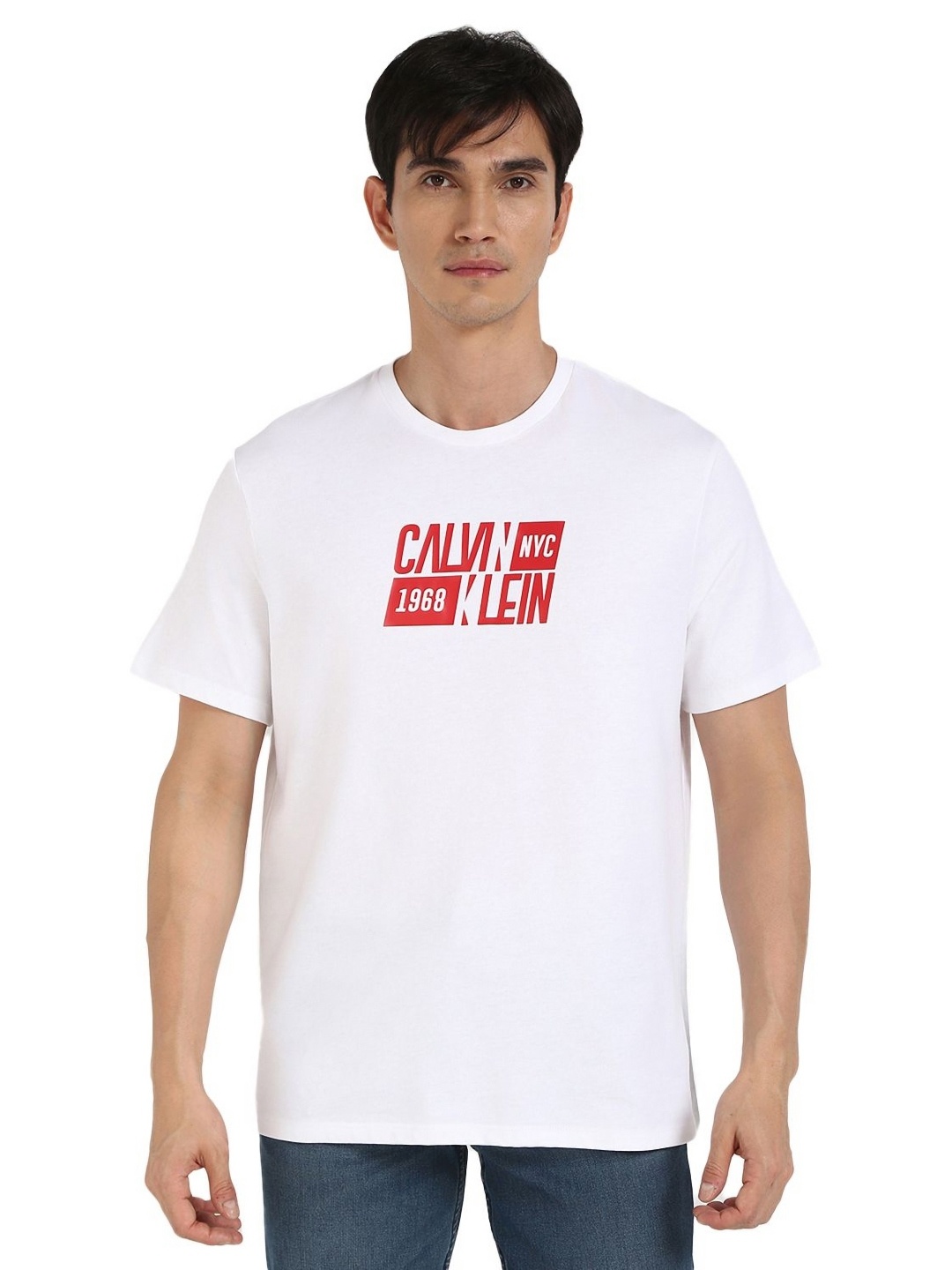 

Calvin Klein Jeans Men Typography Printed Round Neck Cotton T-shirt, White