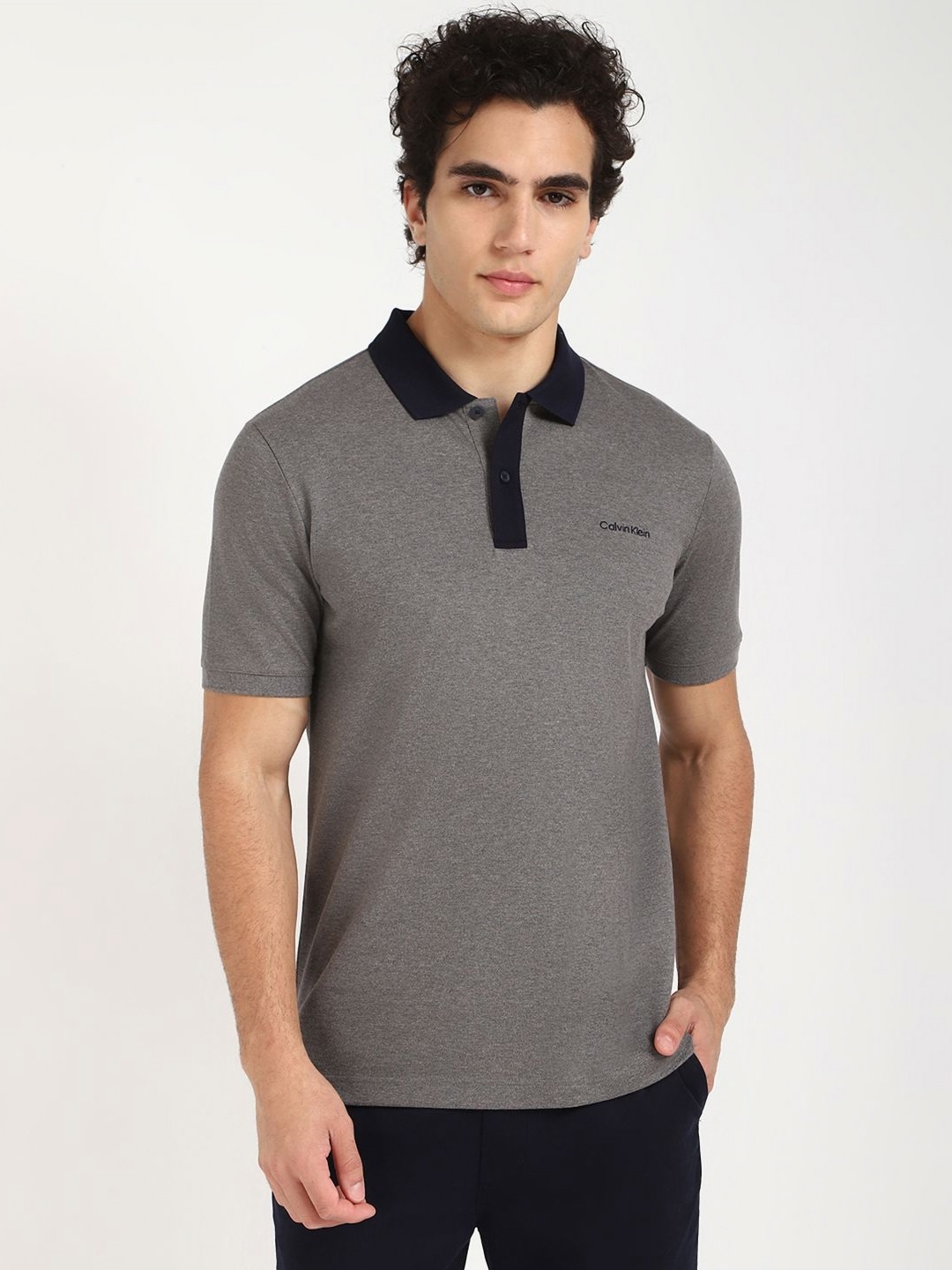 

Calvin Klein Jeans Men Solid Polo Collar Cotton Slim Fit T-shirt, Grey