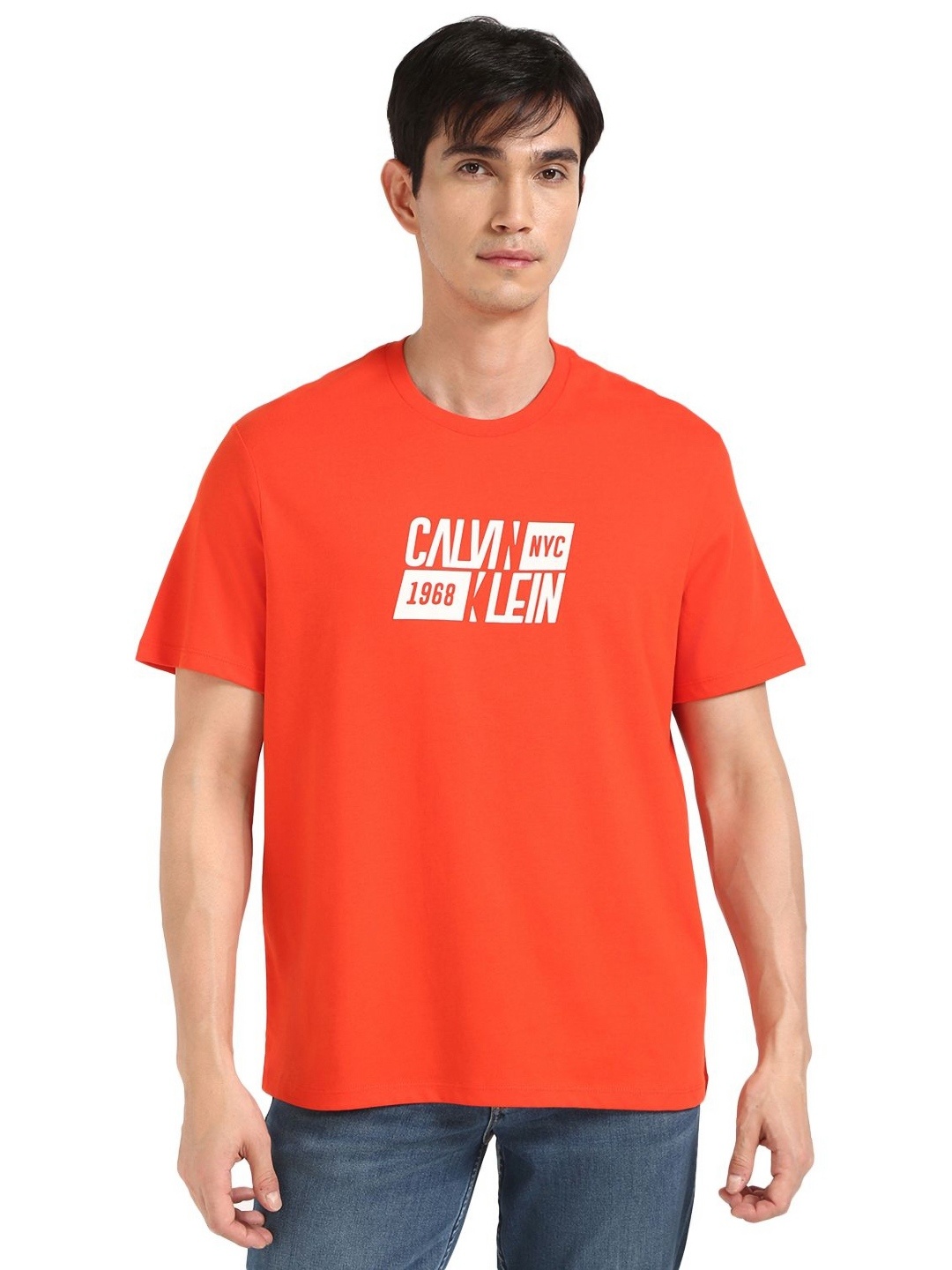 

Calvin Klein Jeans Men Graphic Printed Round Neck Cotton Oversized T-shirt, Orange