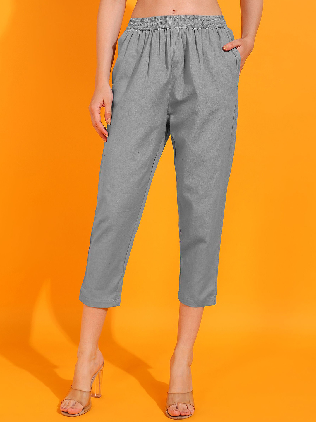 

SVKETAIL Women Cotton Easy Wash Pleated Cropped Trousers, Grey