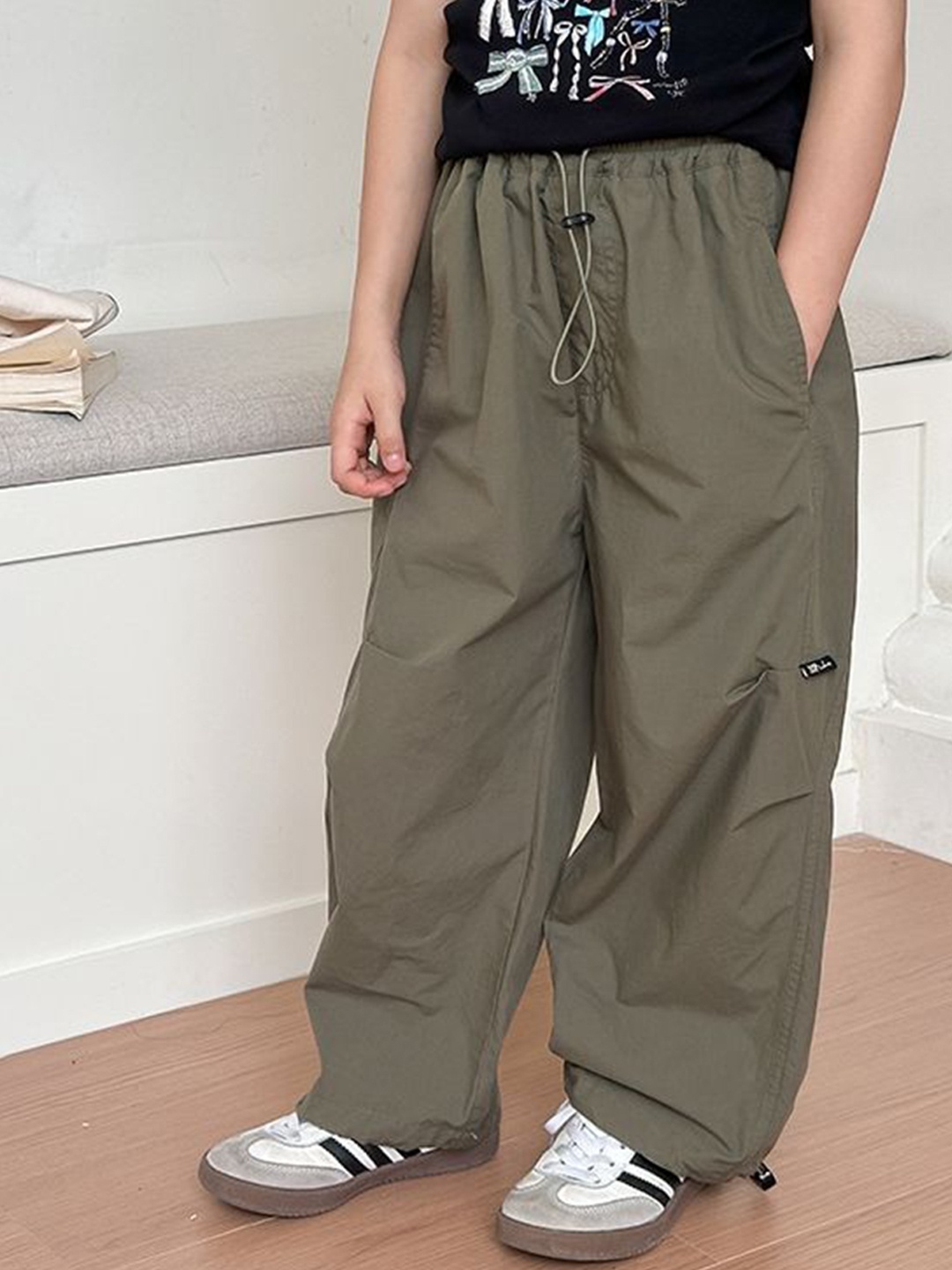 

LULU & SKY Girls Pure Cotton Straight-Fit Parachute Trousers, Green