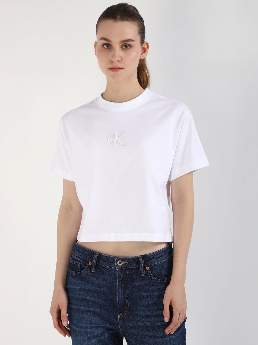 

Calvin Klein Jeans Women Typography Printed Round Neck Cotton T-shirt, White