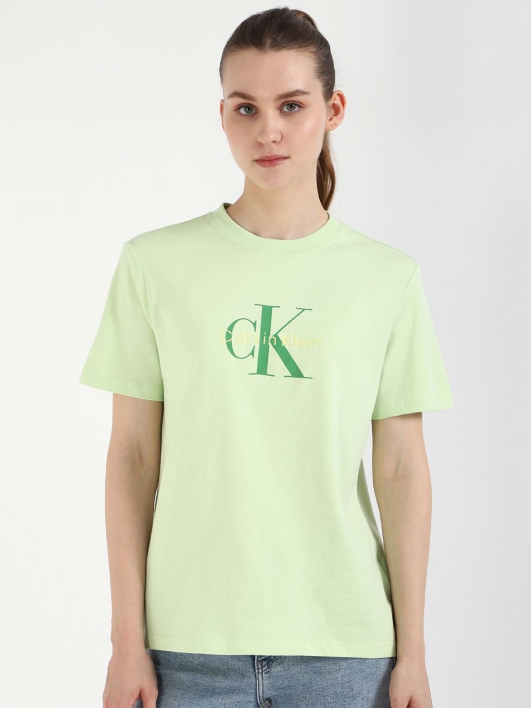 

Calvin Klein Jeans Women Typography Printed Round Neck Cotton T-shirt, Green
