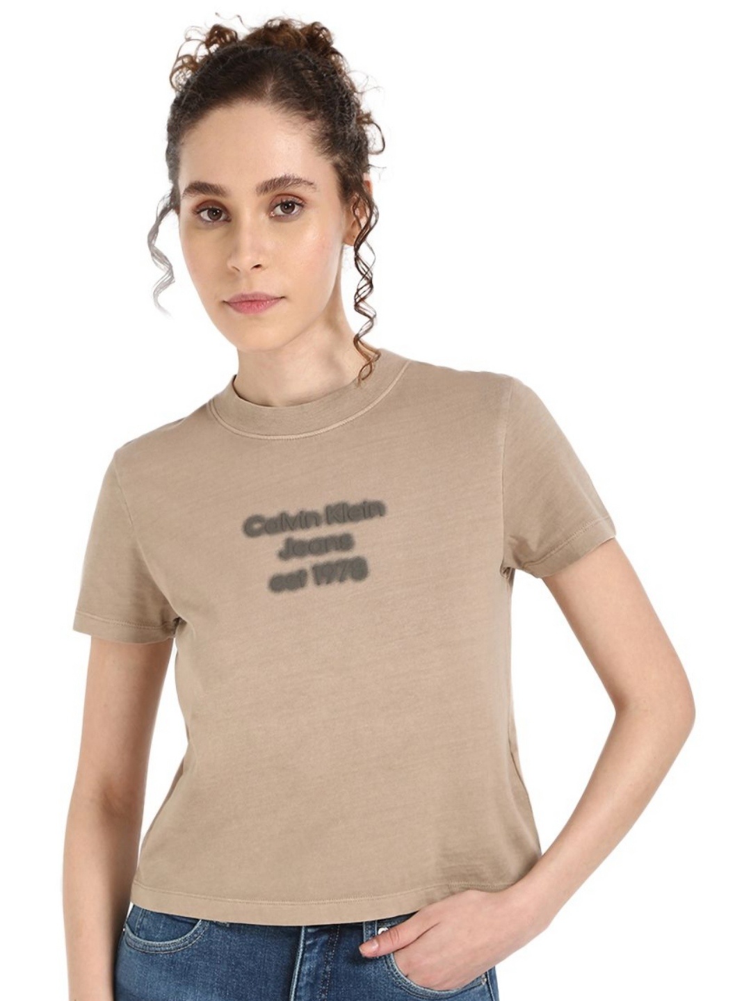 Calvin Klein Jeans Women Typography Printed Round Neck Cotton T-shirt, Brown