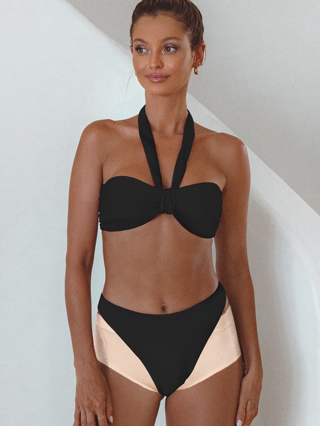 

KRENOZ Women Halter Neck Frolic Knot Swim Bikini Set, Black