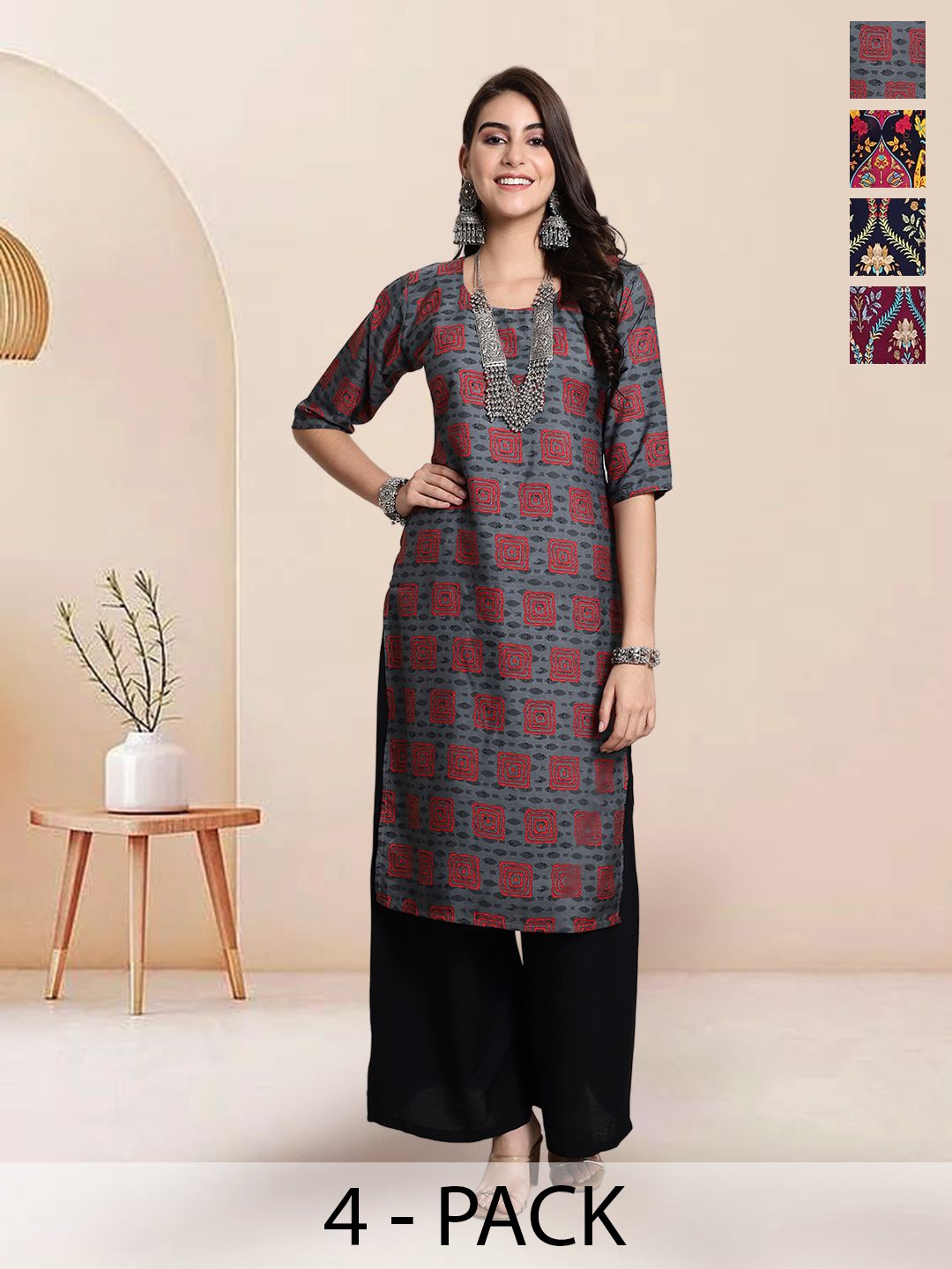 

7Threads Selection Of 4 Geometric Printed Round Neck Straight Kurtas, Grey