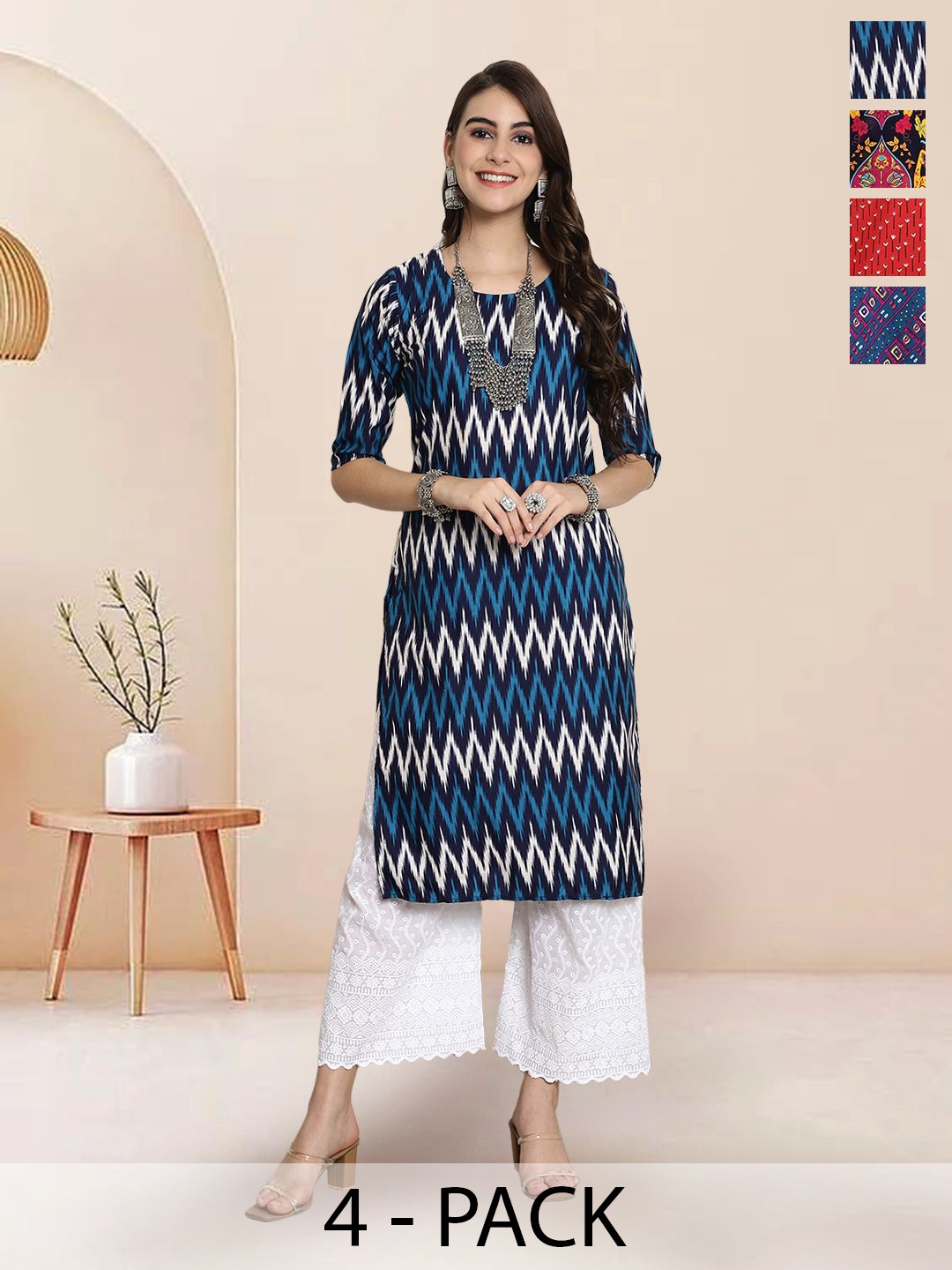 

7Threads Selection Of 4 Chevron Printed Round Neck Straight Kurtas, Black