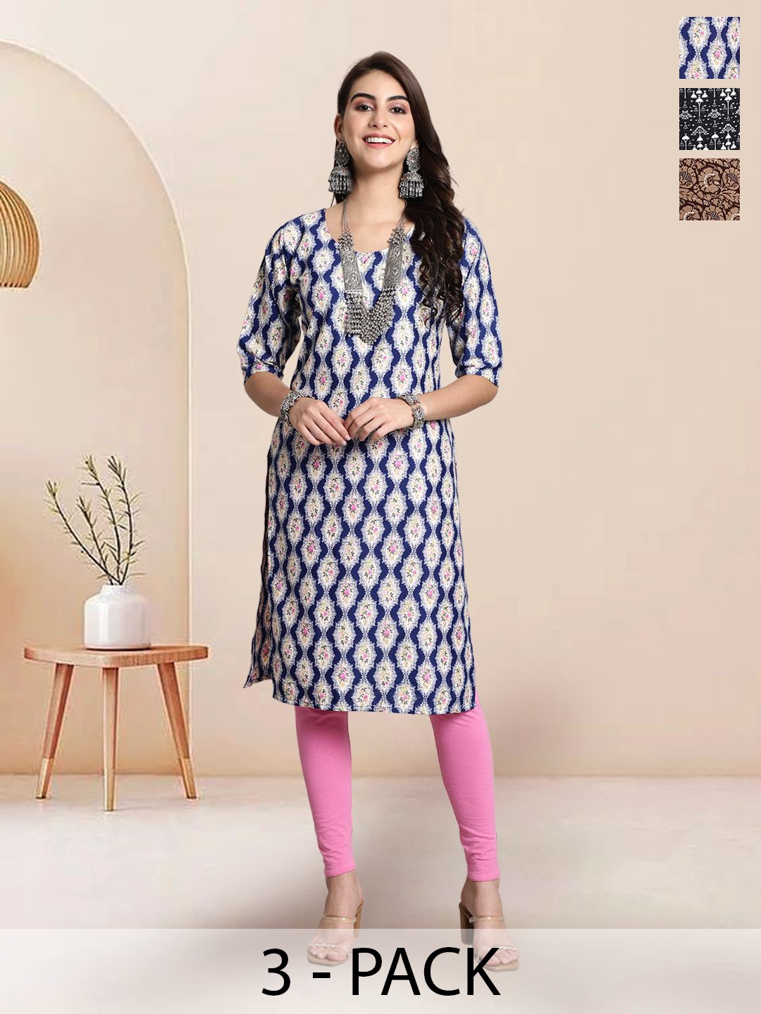 

7Threads Selection Of 3 Floral Printed Round Neck Straight Kurtas, Navy blue