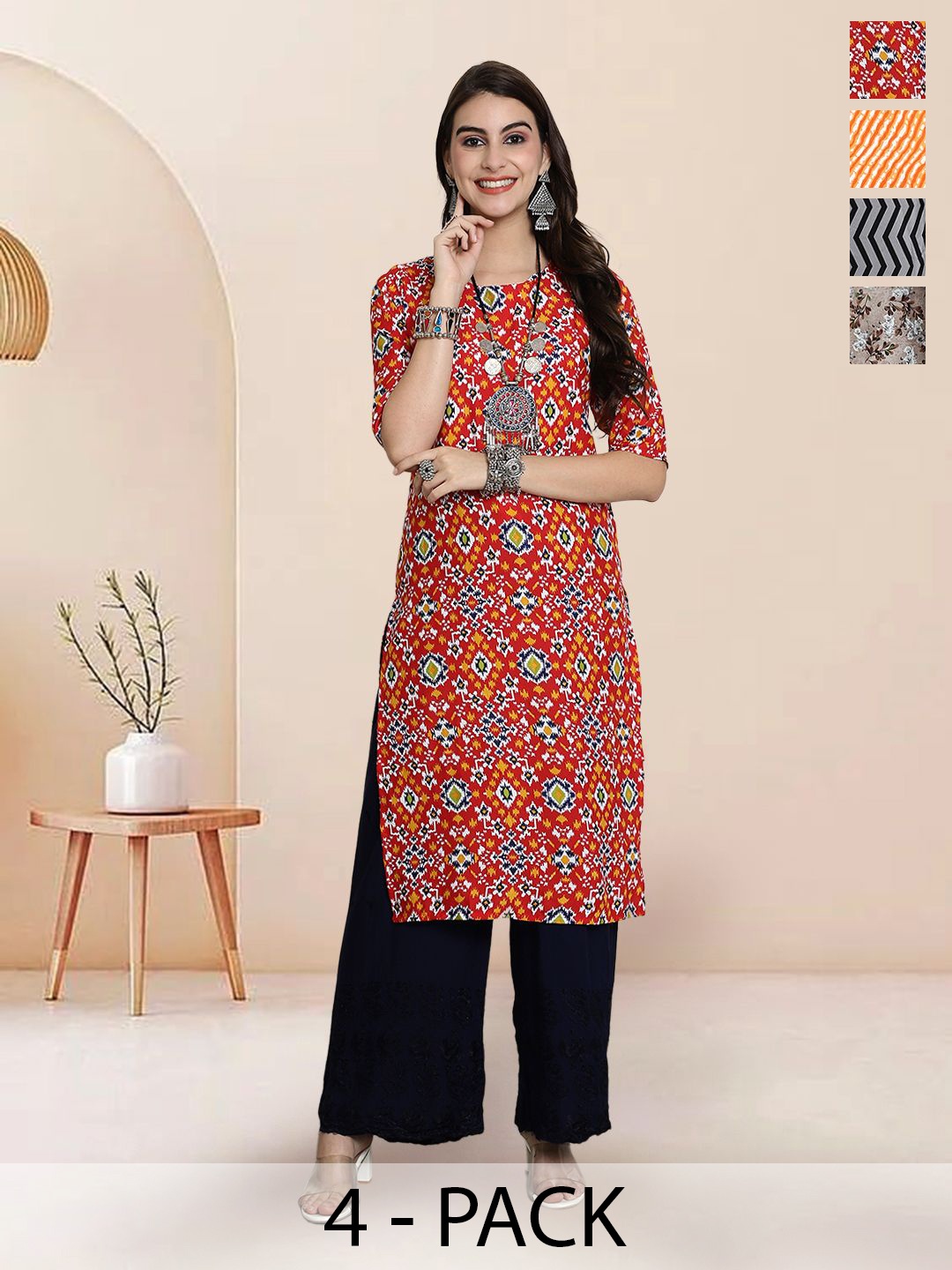 

7Threads Selection Of 4 Ethnic Motifs Printed Round Neck Kurtas, Orange