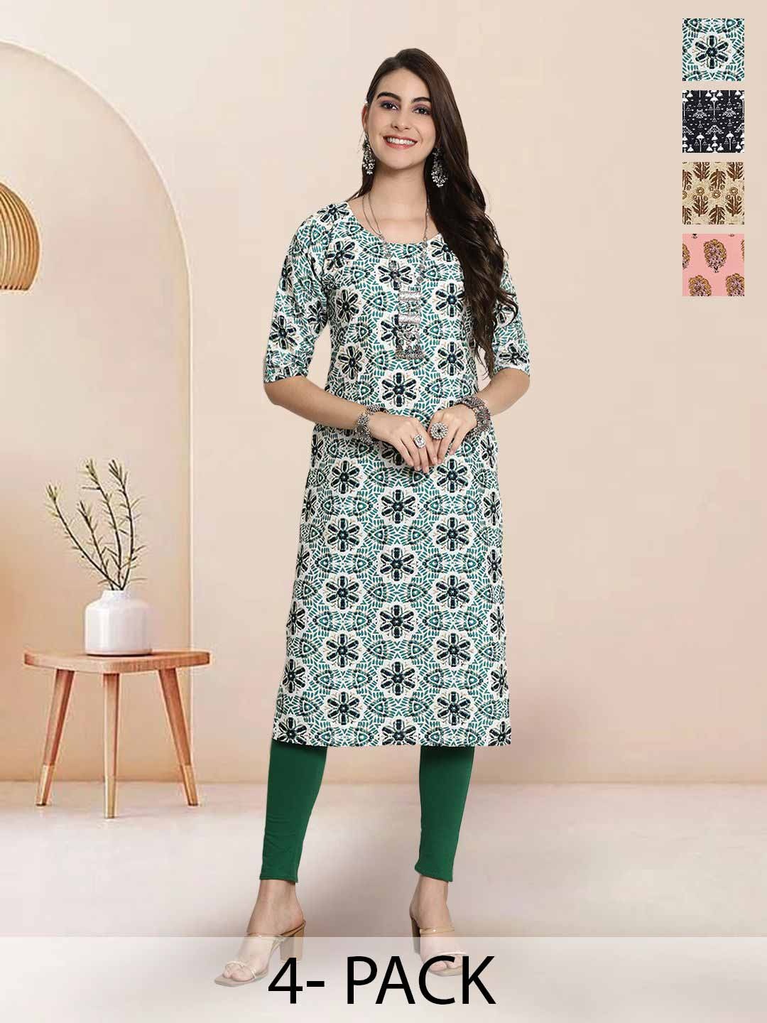 

7Threads Selection Of 4 Floral Printed Round Neck Straight Kurtas, Beige