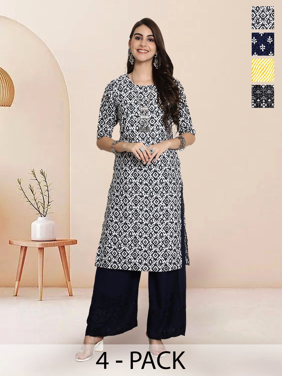 

7Threads Selection Of 4 Ethnic Motifs Printed Round Neck Straight Kurtas, Black