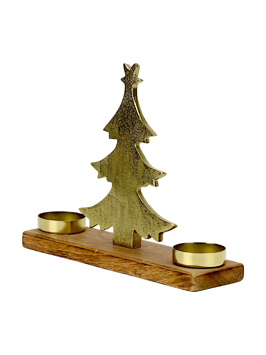 

Hind Decor Gold-Toned & Brown Aluminium & Wooden Base Christmas Tree Candle Holder