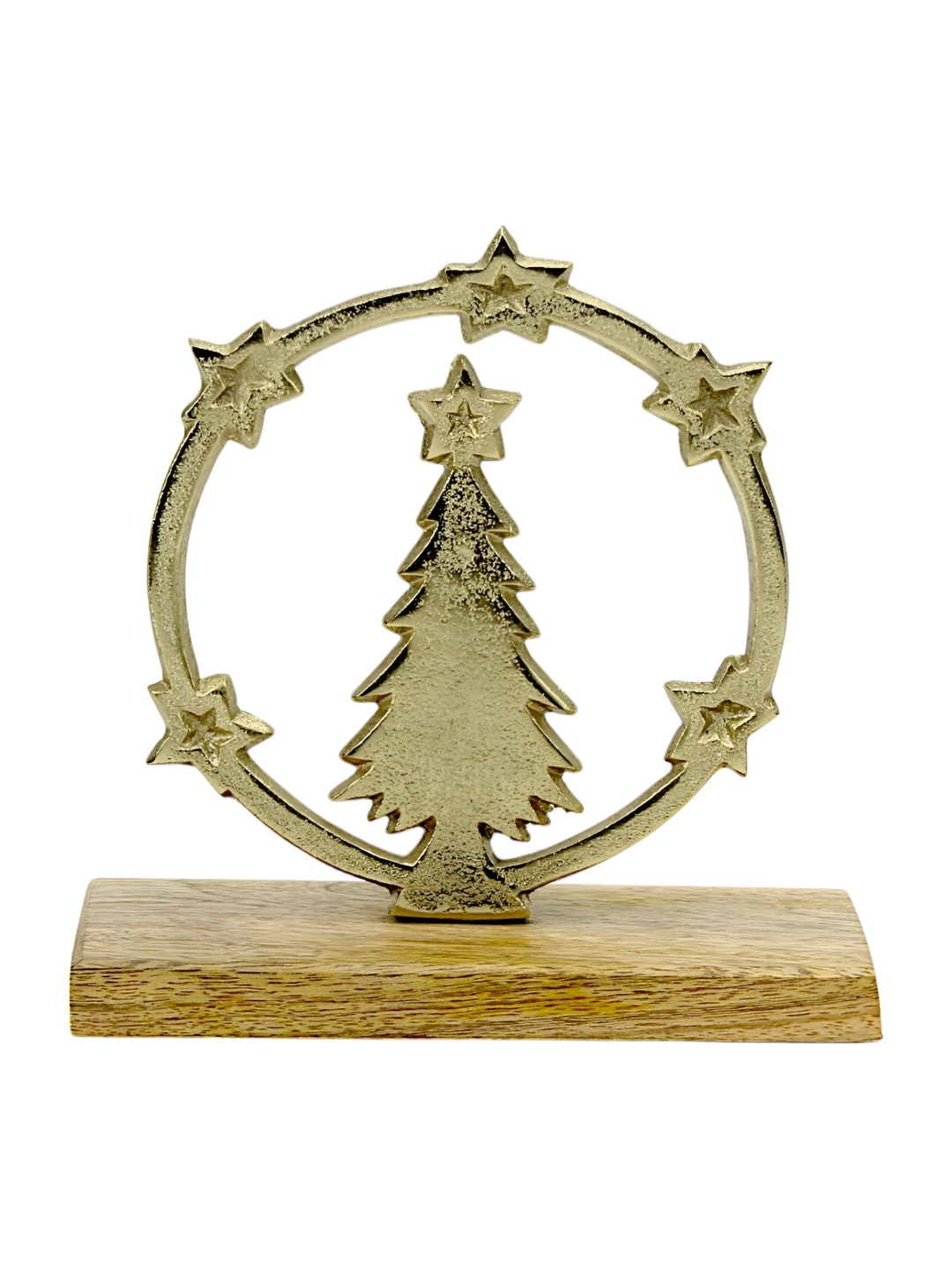 Hind Decor Gold Toned Christmas Tree In Circle On Wooden Base