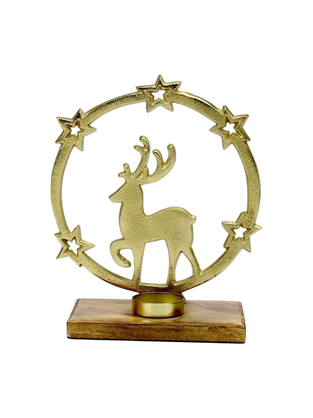 

Hind Decor Gold Toned Christmas Reindeer Circle On Wooden Base Figurine