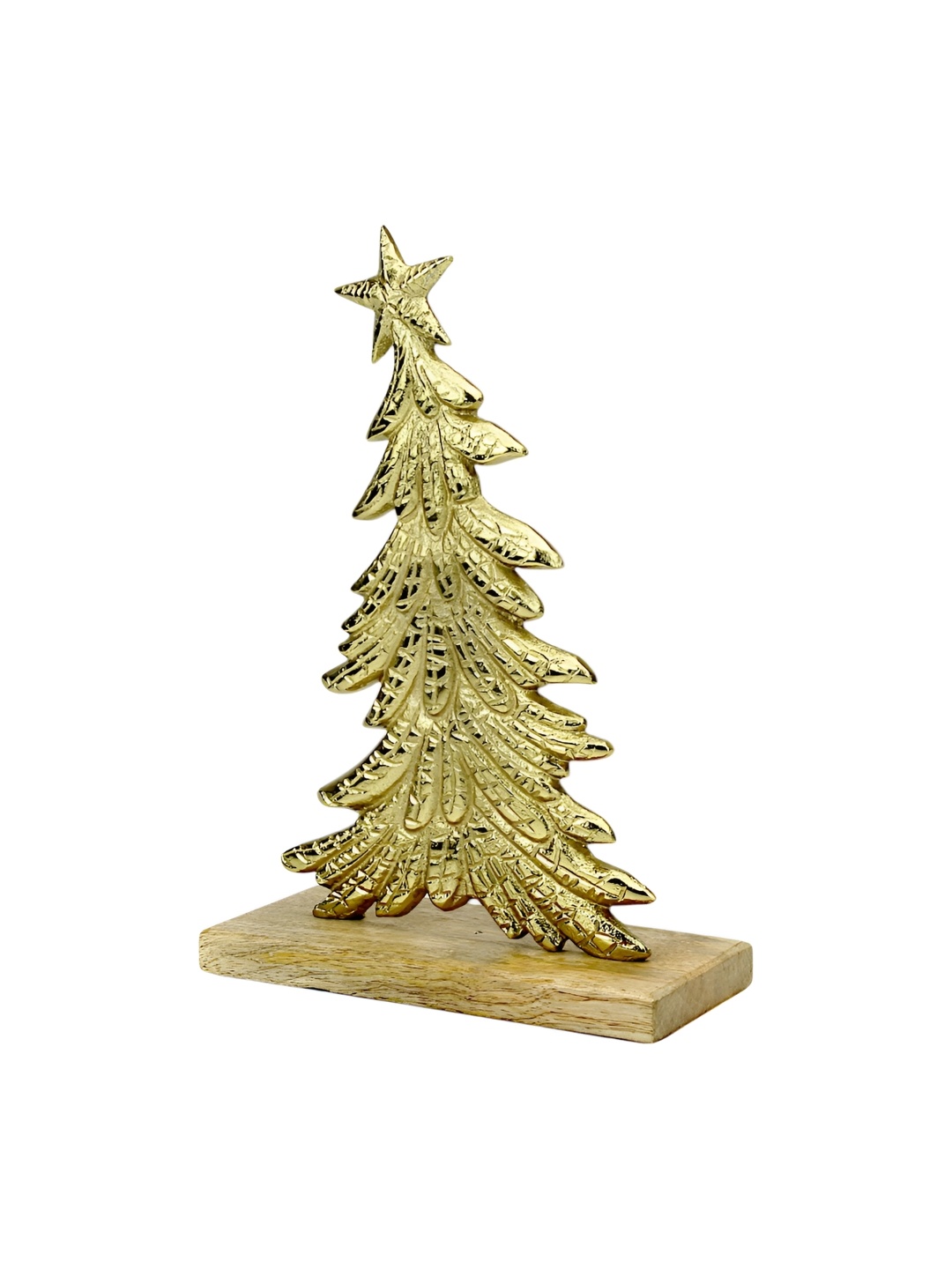 

Hind Decor Gold-Toned Textured Aluminium Christmas Tree On Wooden Base Showpiece