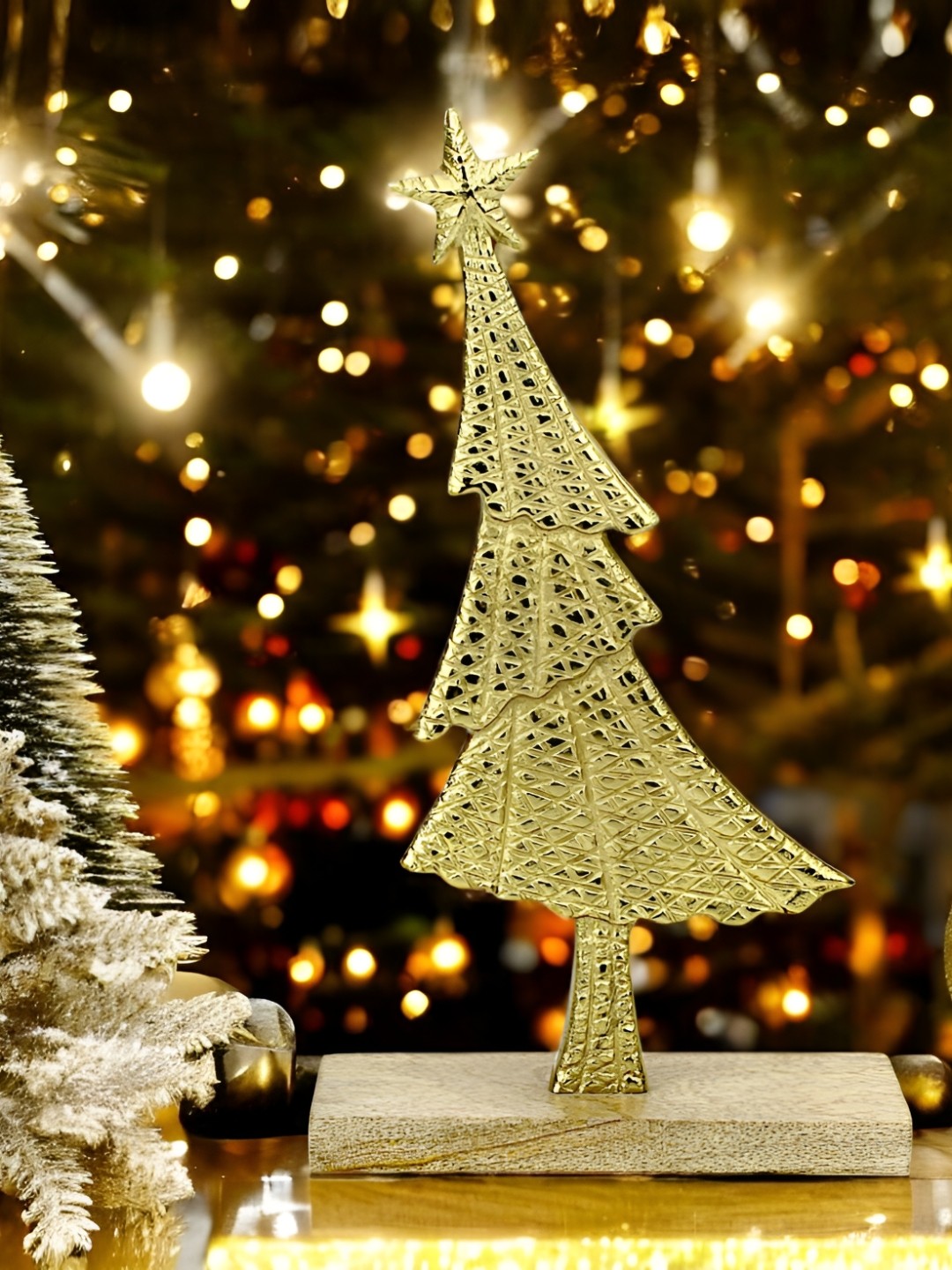 

Hind Decor Gold Toned Christmas Tree On Wooden Base Figurine